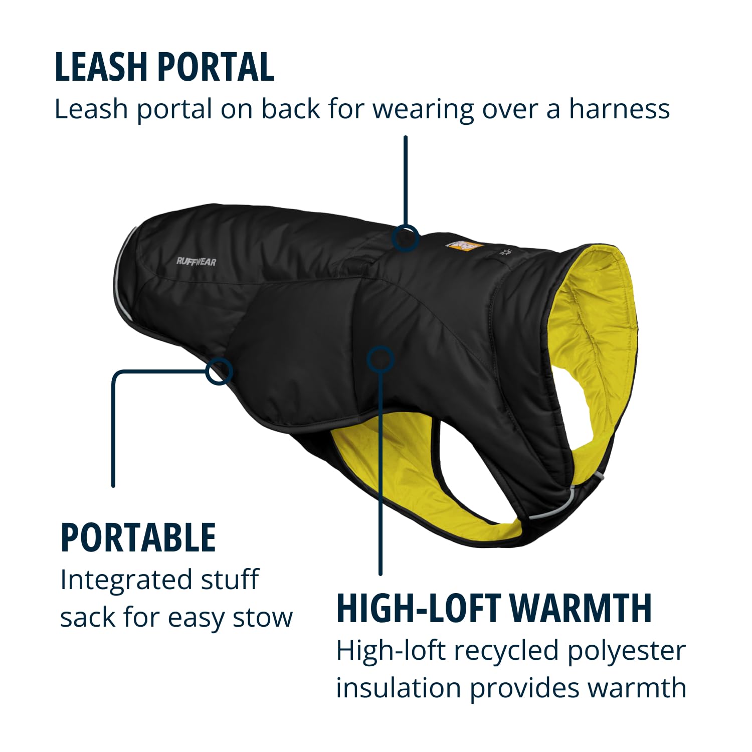 Ruffwear Quinzee Insulated Water-Resistant Dog Jacket with Stuff Sack - Obsidian Black, X-Small | Winter Coat for Small Dogs, Outdoor Adventures & Cold Weather Protection
