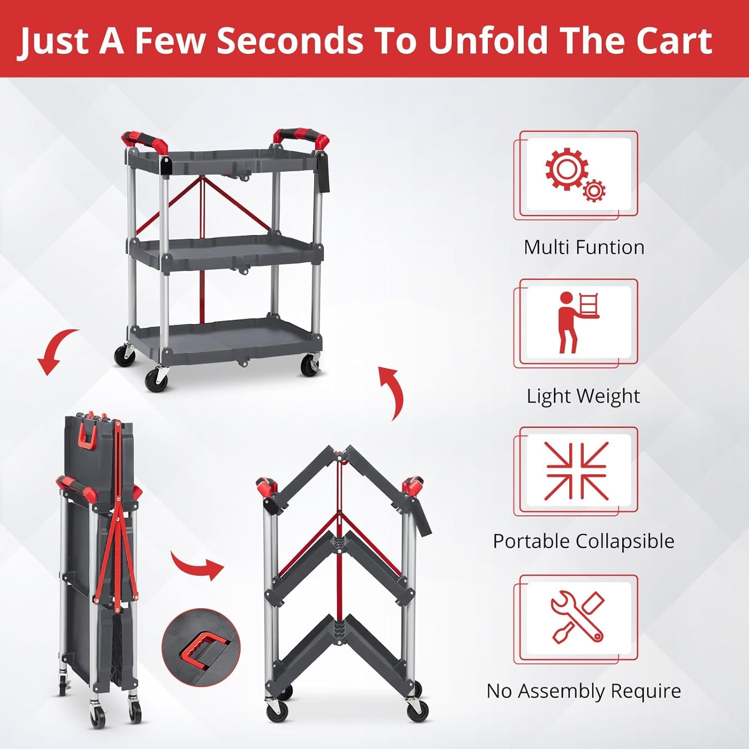 Portable 3-Tier Folding Utility Cart with Wheels - 56 Lbs Load Capacity per Shelf | Collapsible Rolling Service Cart for Home, Office & Warehouse | Ideal for Grocery Shopping, Storage Organization & Mobile Workstations