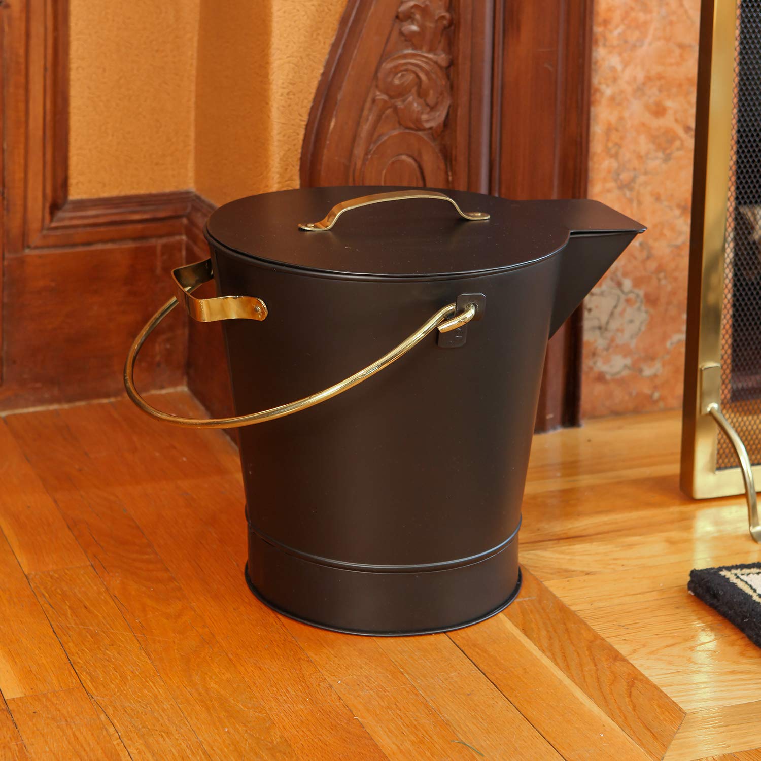 Fireplace Ash Can Bucket Pail - Black with Polished Brass Handle - Heavy Duty Metal Ash Bucket for Fireplace, Wood Stove, Campfire & BBQ Cleaning - Perfect for Home, Outdoor & Camping Use
