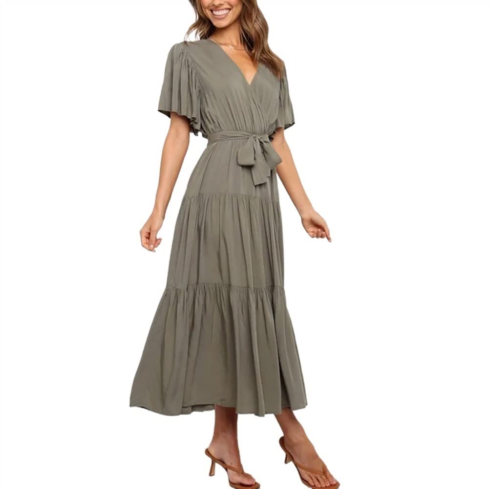 Women's Summer Midi Dress - Short Sleeve Wrap V-Neck Ruffle Casual Dress with Tie Belt | Perfect for Beach, Vacation & Everyday Wear