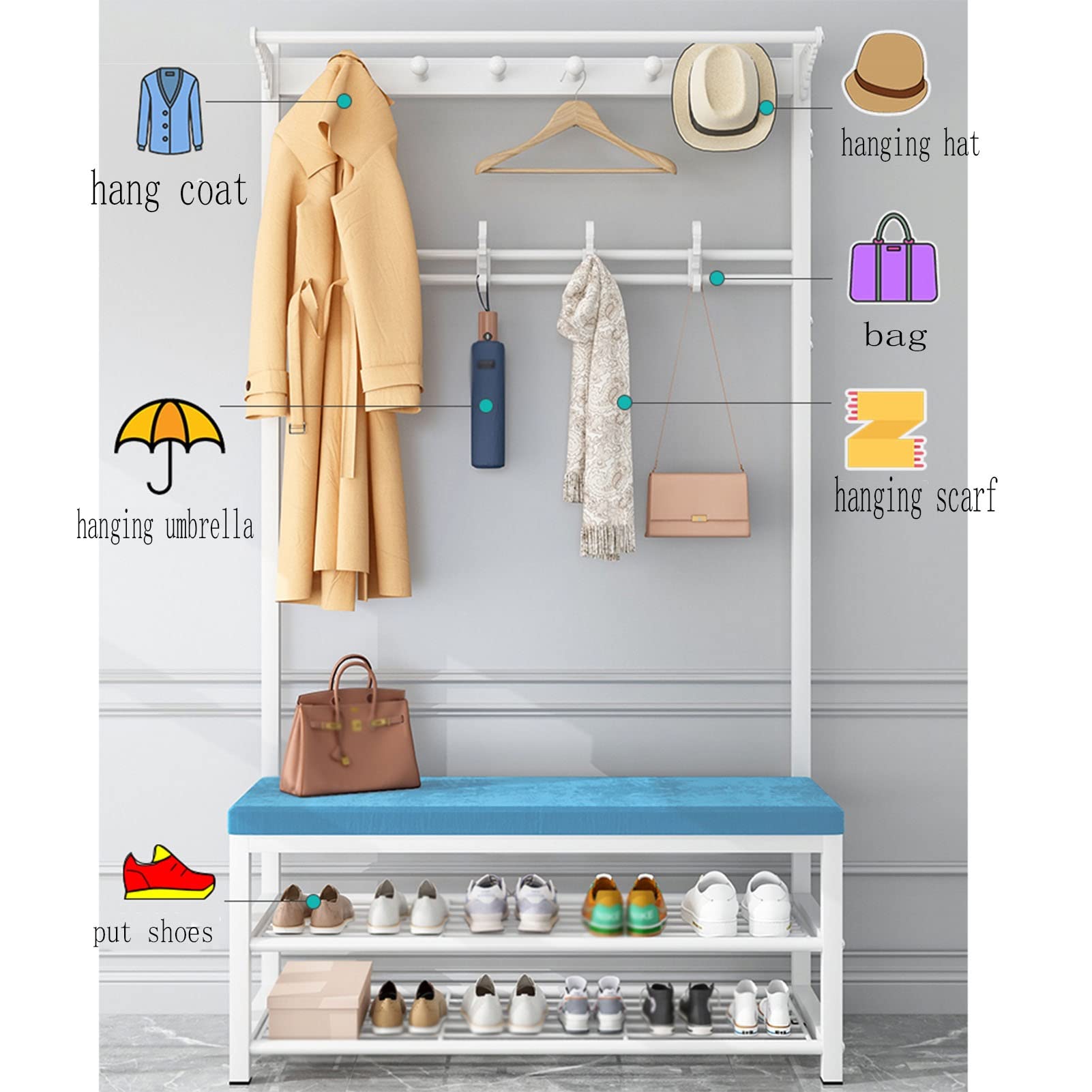 3-in-1 Entryway Coat Rack Shoe Bench with Umbrella Holder - 60CM Hall Tree Organizer with Top Shelf, Carbon Steel Frame (Blue) - Perfect for Small Spaces, Apartments & Mudroom Storage Solutions