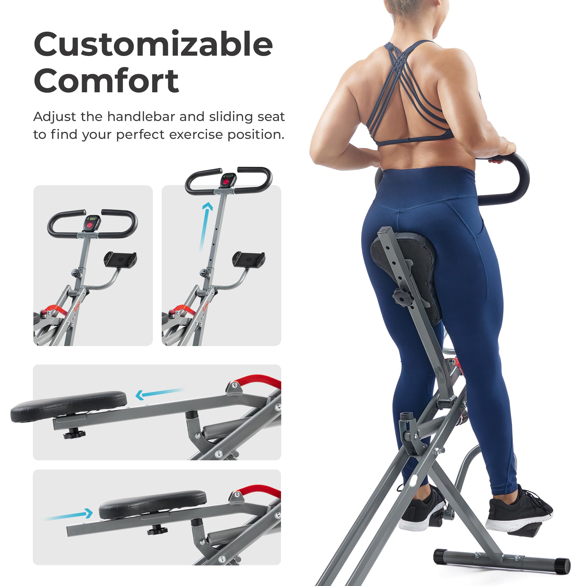 Sunny Health & Fitness Row-N-Ride PRO Full Body Squat Machine with Resistance Bands - Home Gym Equipment for Cardio & Ab Workouts | Compatible with SunnyFit App | Perfect for Home Workouts & Full Body Training