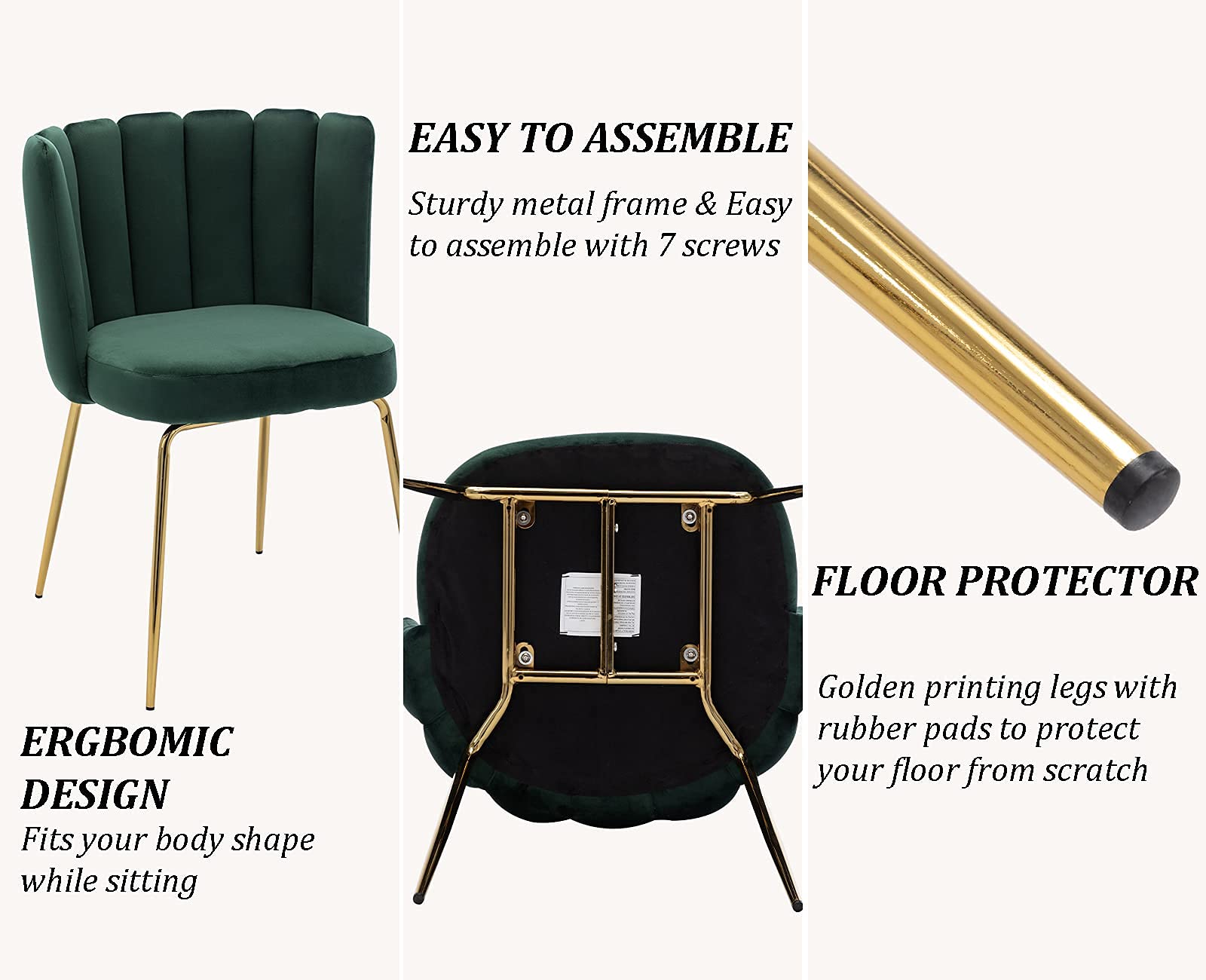 Luxury Velvet Dining Chairs Set of 2 - Modern Upholstered Accent Chairs with Gold Metal Legs for Kitchen, Living Room & Dining Room - Dark Green Mid-Century Style Seating for Home Decor & Entertaining