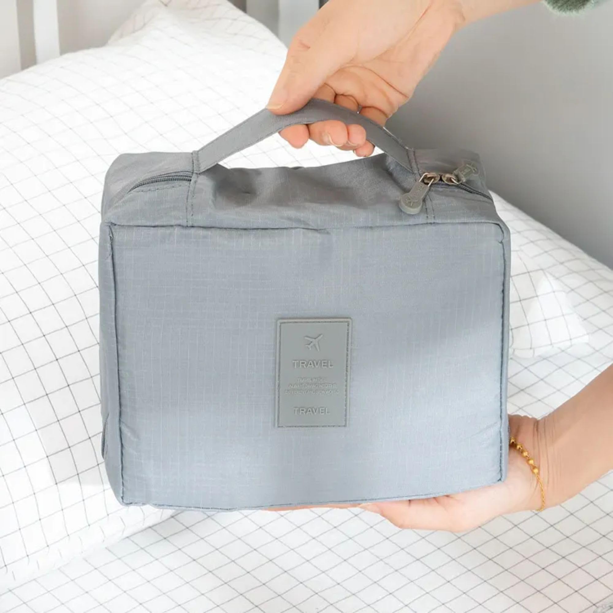 Gowloz Grey Travel Cosmetic Bag - Large Capacity Waterproof Makeup Organizer & Toiletry Case for Women - Portable Square Storage Pouch for Skincare, Personal Care, Beauty Essentials - Perfect for Travel, Gym, Work, and Daily Use (Pack of 1)