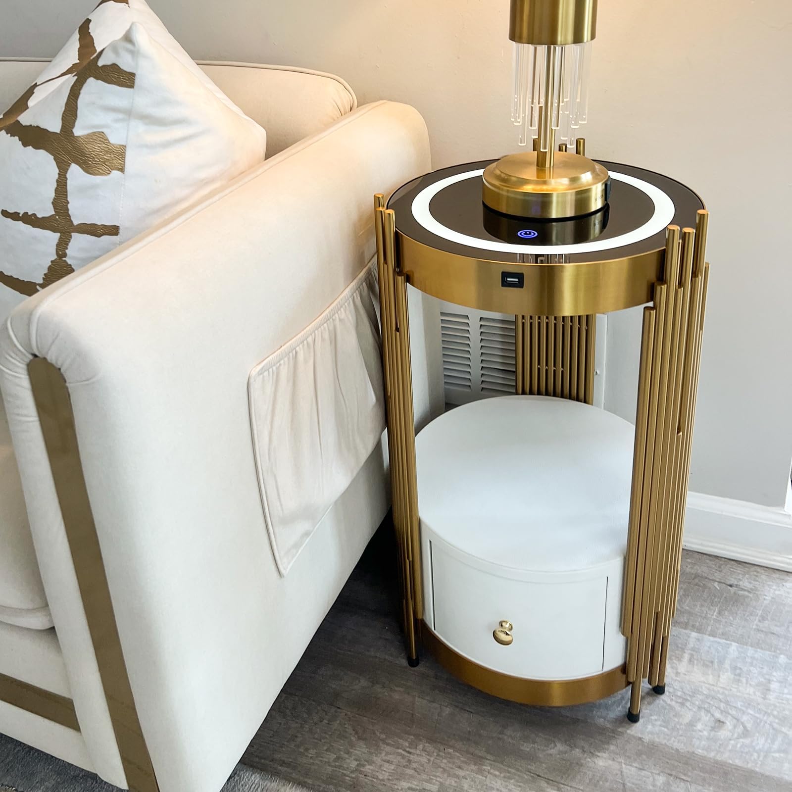 Gold LED Smart Round Nightstand with Drawer - Wireless Charging End Table for Small Spaces, Modern Coffee Table & Bedside Accent Table - Perfect for Bedroom, Living Room & Office Use