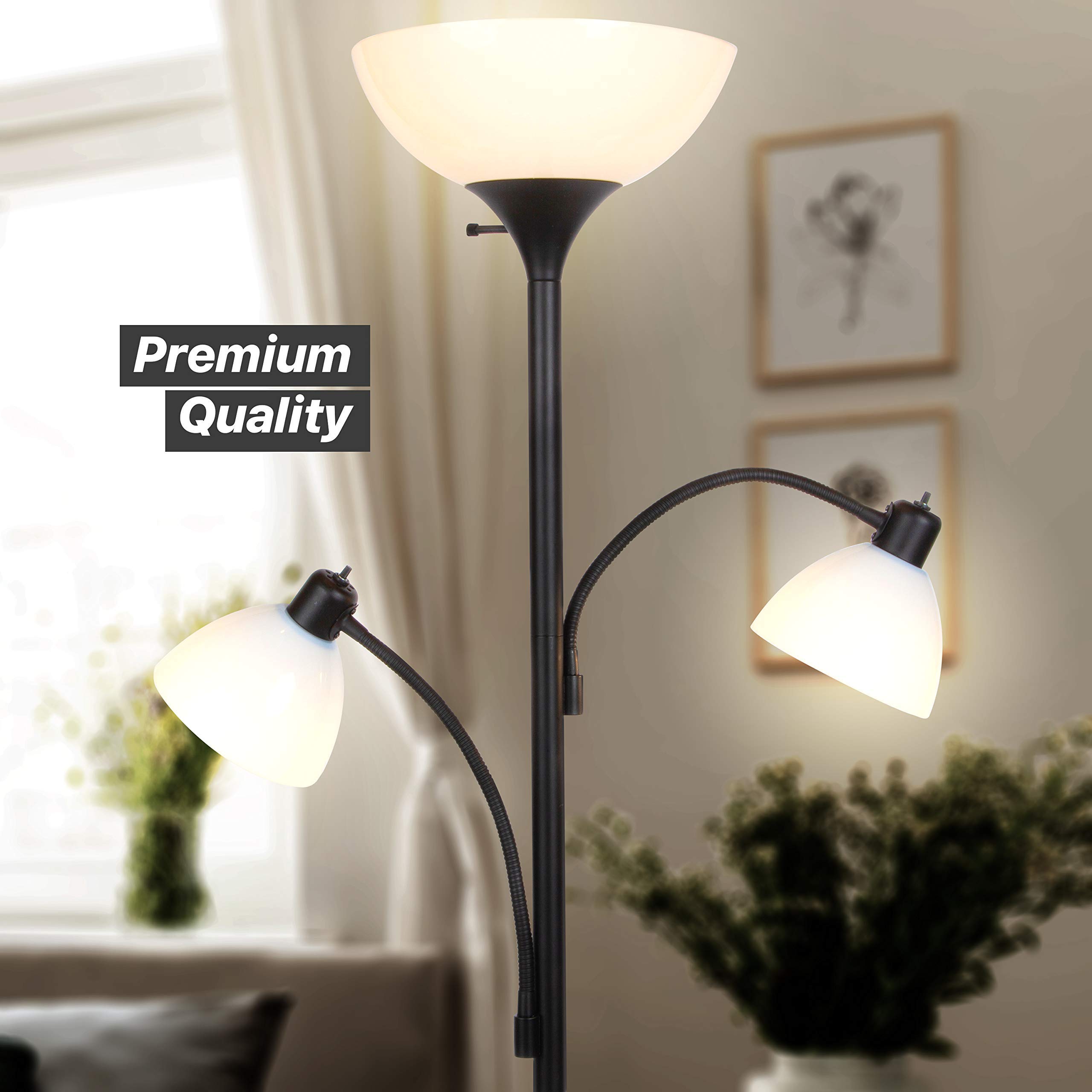 Brightech Sky Dome Double LED Floor Lamp - Super Bright Torchiere with 2 Adjustable Reading Lights, Dimmable Tall Standing Lamp for Living Room, Office & Bedroom - Black Modern Floor Light for Reading, Working & Relaxing