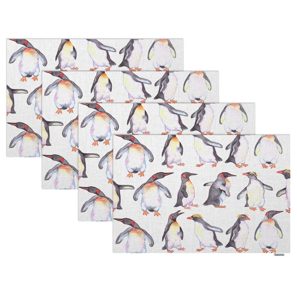 Swono 4-Pack Watercolor Antarctic Penguins Placemats Set - 12x18 Inch Oilproof Table Mats for Dining & Kitchen Decor | Cute Penguin-Themed Mats for Holiday Dinners, Family Gatherings & Home Decoration