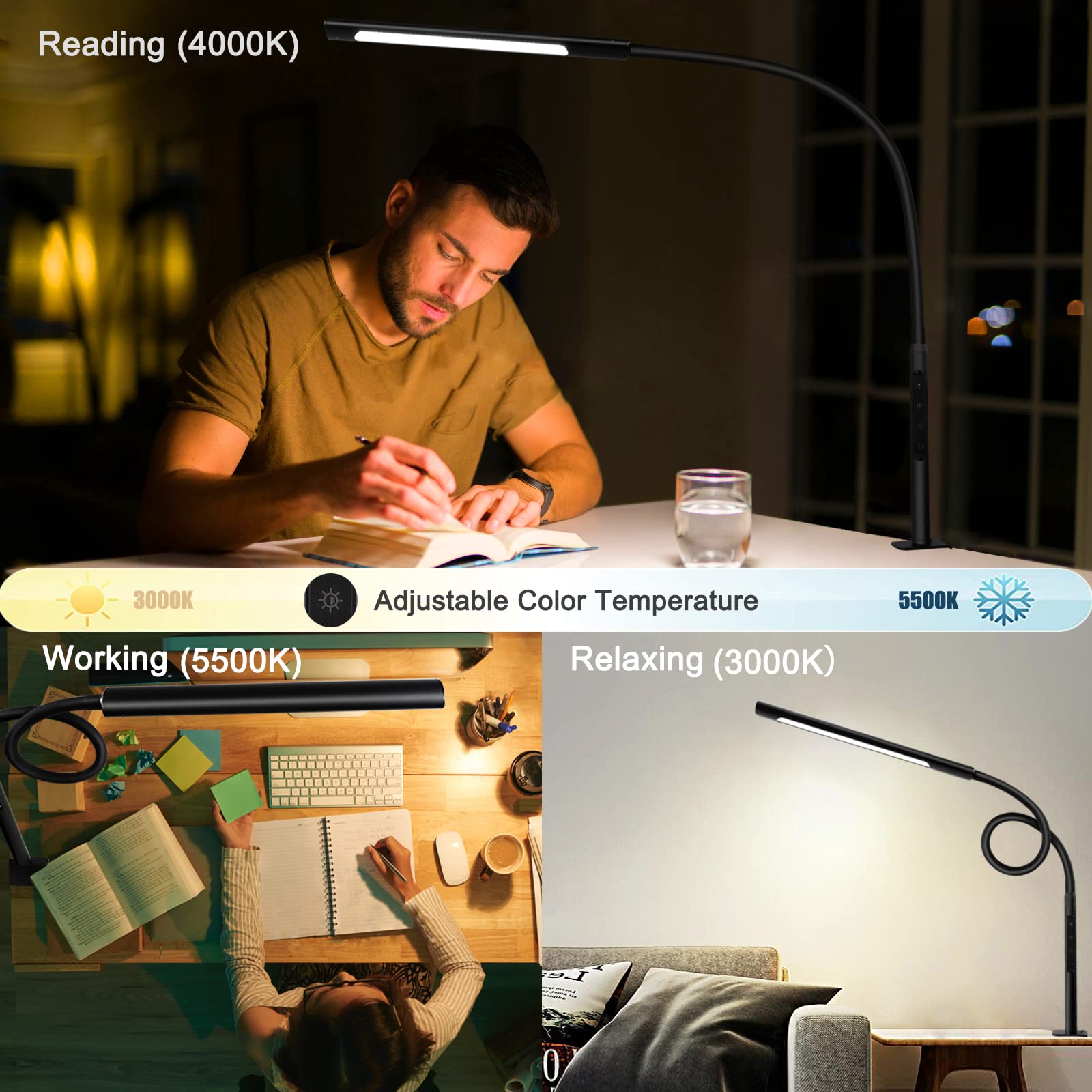 Adjustable LED Desk Lamp with Eye-Caring Technology - 12W Gooseneck Clamp Light with Memory & Timer, 3 Color Temperatures for Home Office, Study, Reading & Crafting - Black