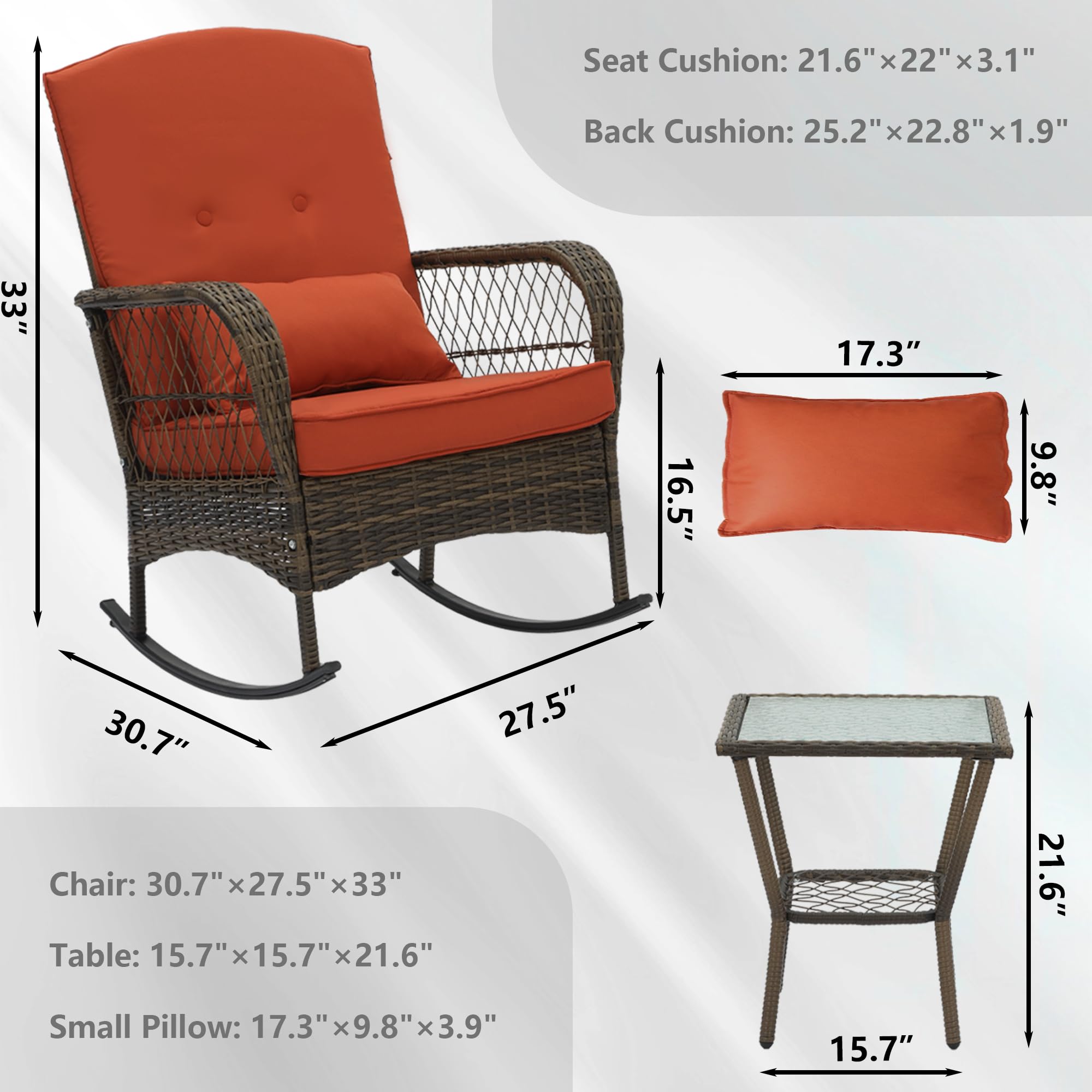 Outdoor Wicker Rocking Chairs Set of 3 - Rattan Patio Furniture with Cushions & Side Table - Perfect for Garden, Porch, Balcony, Yard & Outdoor Relaxation