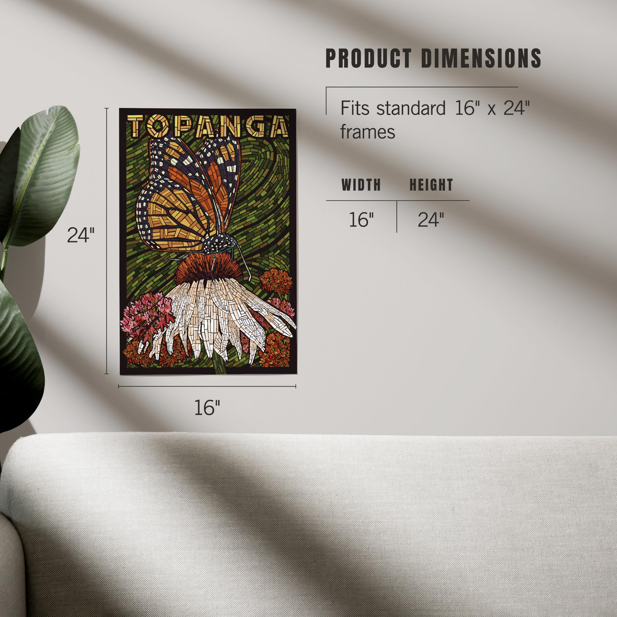 Lantern Press 16x24 Inch Giclee Art Print - Topanga California Monarch Butterfly Paper Mosaic Wall Decor with Green Background | Perfect for Living Room, Bedroom & Office Decor