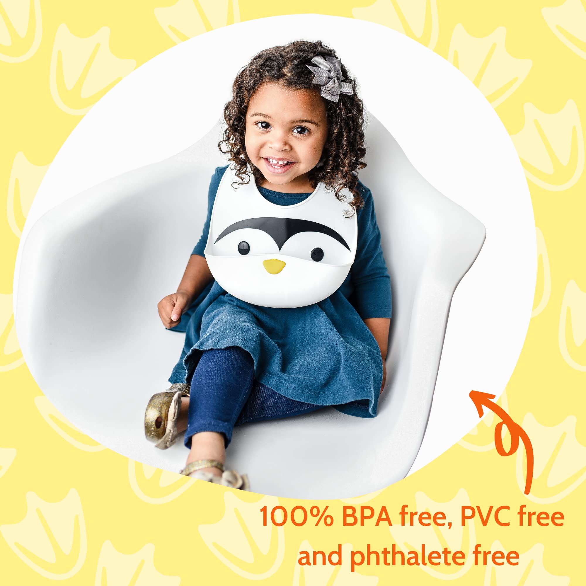 Silly Goose Set of 2 Waterproof Adjustable Silicone Baby Bibs for Infants & Toddlers - Soft Wide Food Catcher Pocket (Penguin + Hippo) - Perfect for Messy Meals & Feeding Time