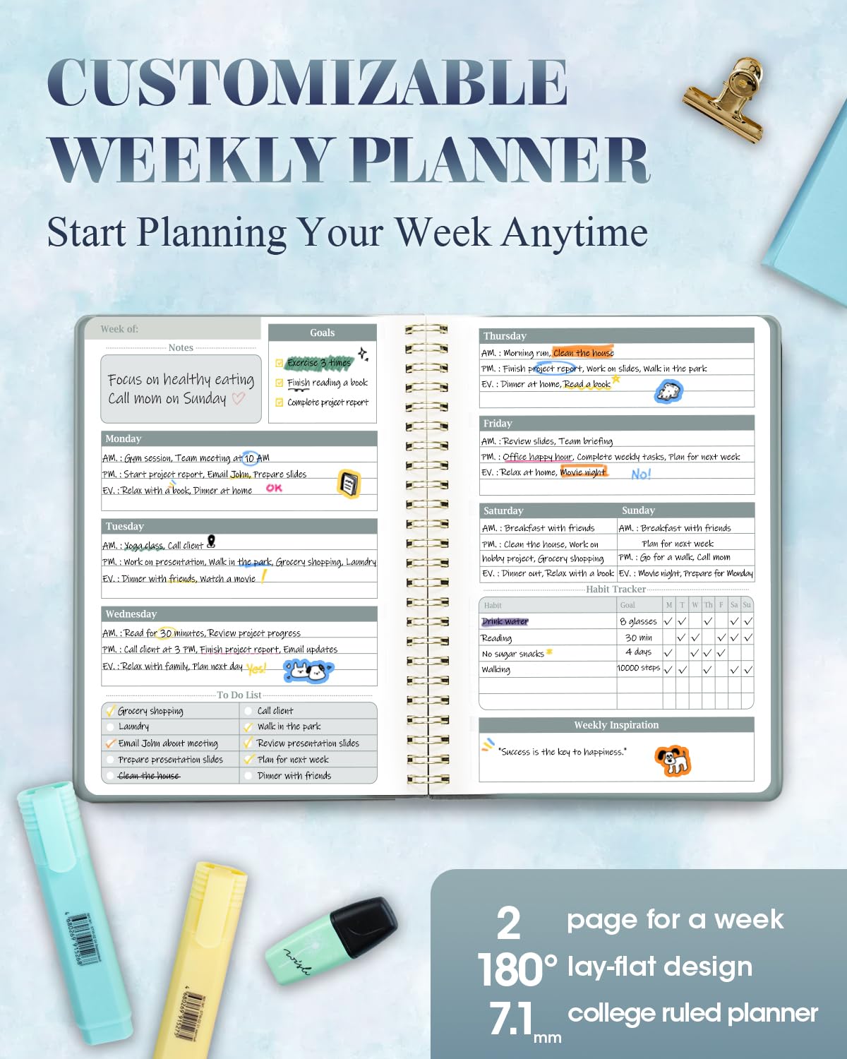Undated Weekly Planner Notebook - A5 Spiral Bound 52-Week Organizer with Habit Tracker & To-Do Lists, 6.7