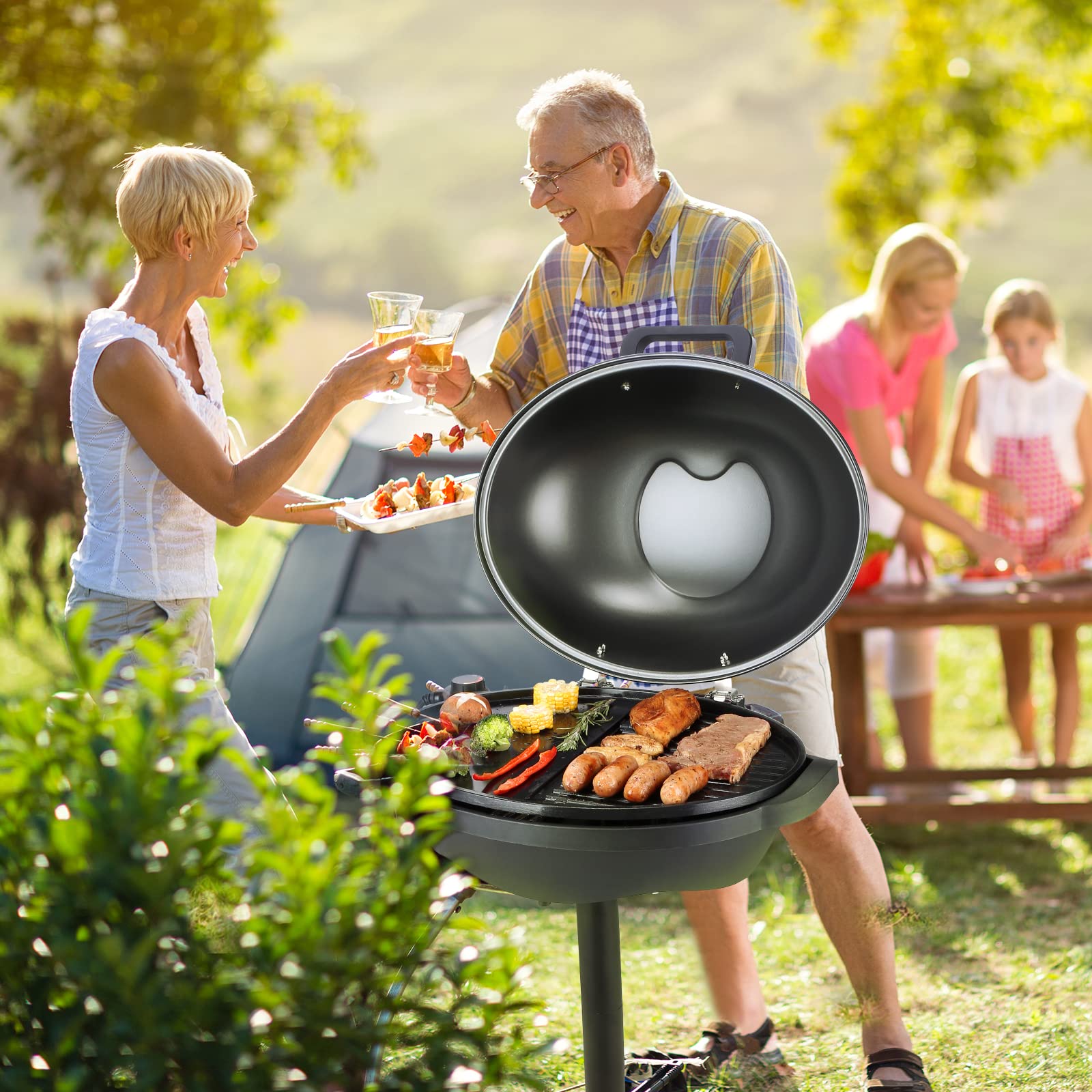 VEVOR 1800W Electric Grill for Indoor & Outdoor Use - 200 Sq.in Non-Stick Ceramic BBQ Grill with 2 Zone Cooking, Adjustable Temperature & Removable Stand - Perfect for Backyard Parties, Camping & Patio Dining