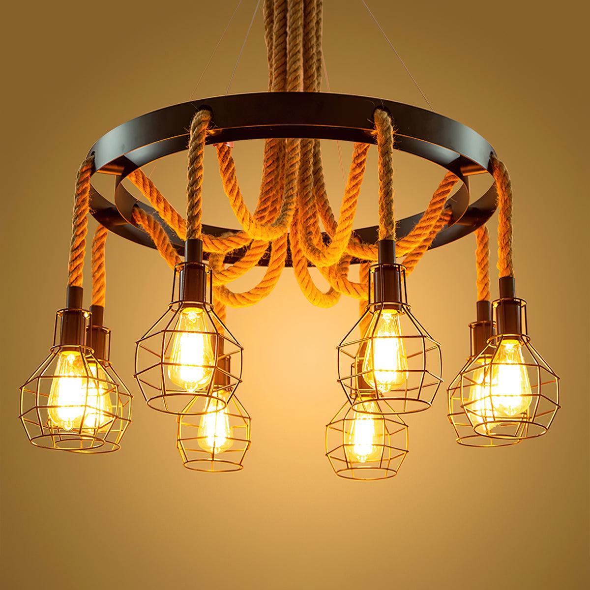 Premium Hemp Rope Industrial Starfall Chandelier - Handmade Boho Ceiling Light Fixture for Farmhouse, Loft & Restaurant Decor