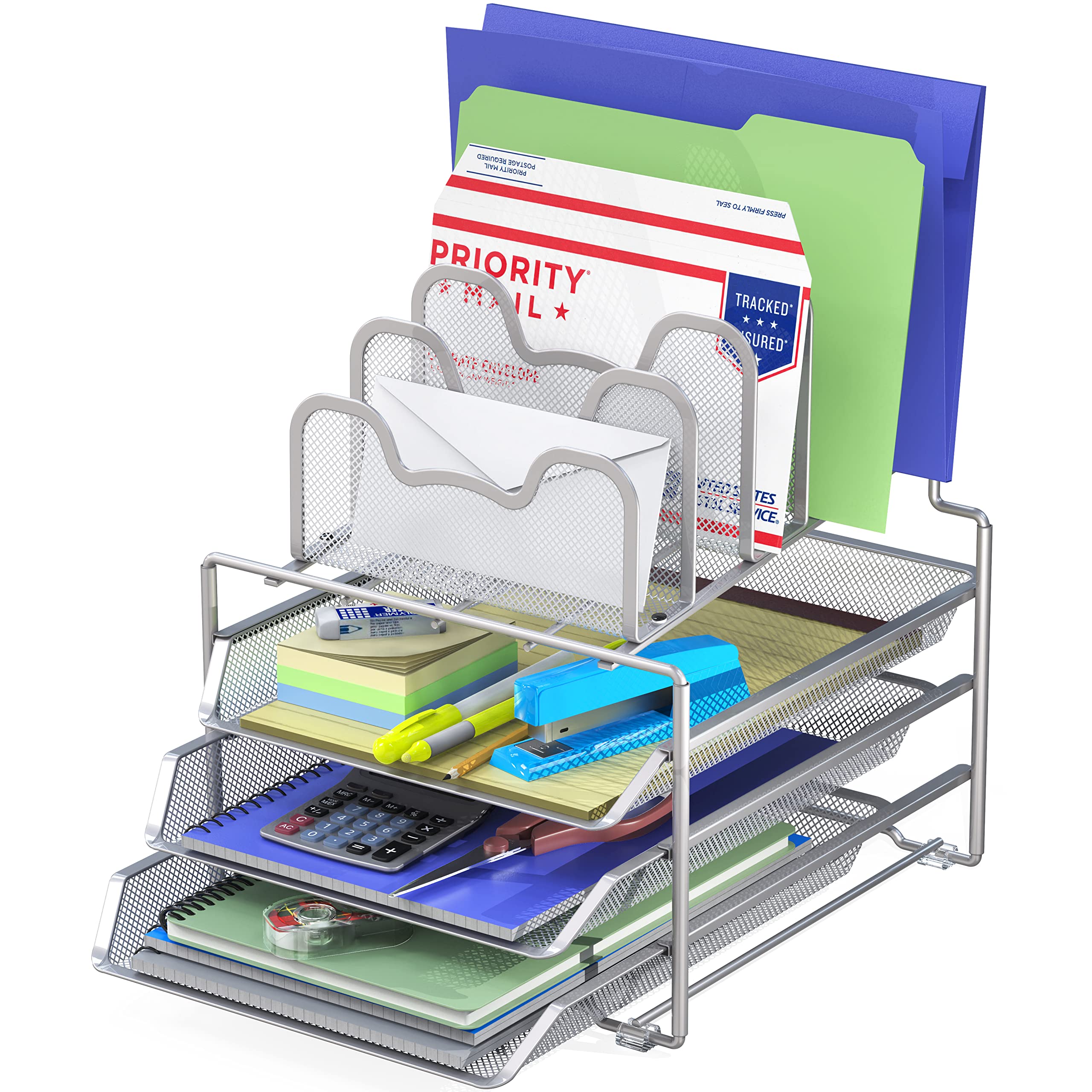 Silver 3-Tier Sliding Tray & 5-Section Stackable Desk Organizer - Office Supplies for Home & Office Workspace Organization (Perfect for Papers, Pens & Small Accessories)