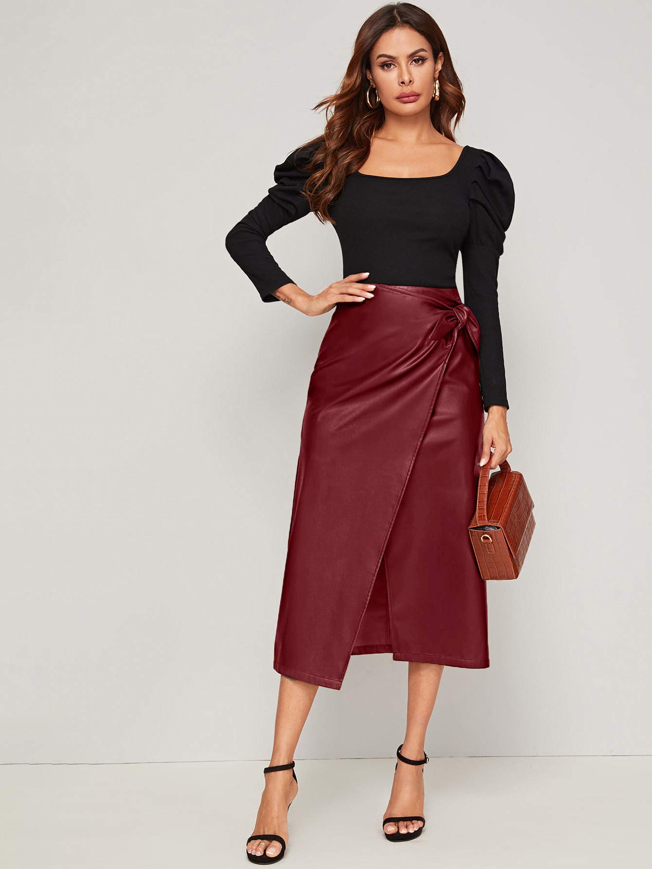 SweatyRocks Women's High Waist PU Leather Midi Skirt - Elegant Tie Knot Wrap Design for Office, Party & Date Night Outfits