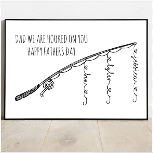 Custom Personalized Multi-Name Fishing Rod Canvas Wall Art - Unique Father's Day Gift for Fishing Lovers | 'We Are Hooked On You' Poster | Perfect for Man Cave, Office Decor & Birthday Presents