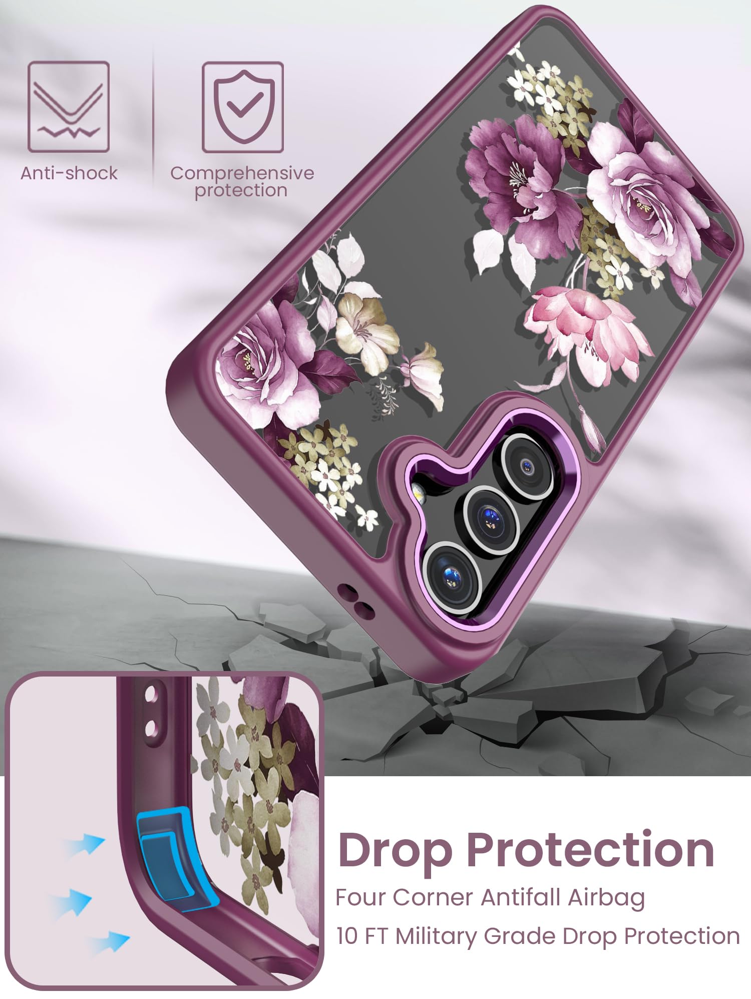 Samsung Galaxy S24 Plus Case with Tempered Glass Screen Protector | Military Grade Protective Cover for Galaxy S24+ 5G | Slim Soft TPU & Hard PC Hybrid Design | Crystal Clear Flower Pattern Purple Case for Women | Perfect for Daily Use, Travel & Outdoor Protection