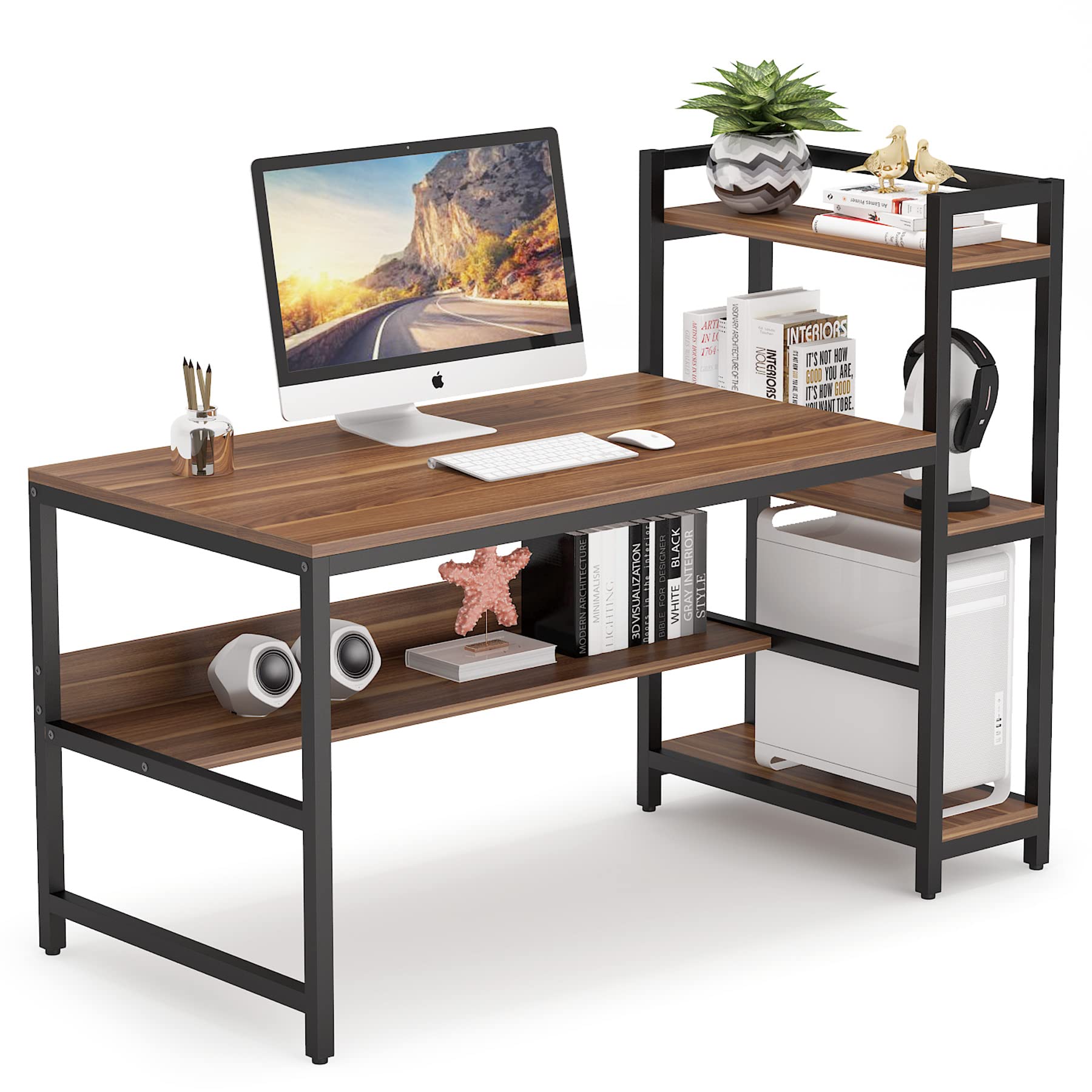 Tribesigns 60 Inch Large Computer Desk with Shelves - Reversible Office Desk, Study Writing Table with Storage Bookshelf & Tower Shelf - Modern Brown Workstation for Home Office, Gaming & Remote Work