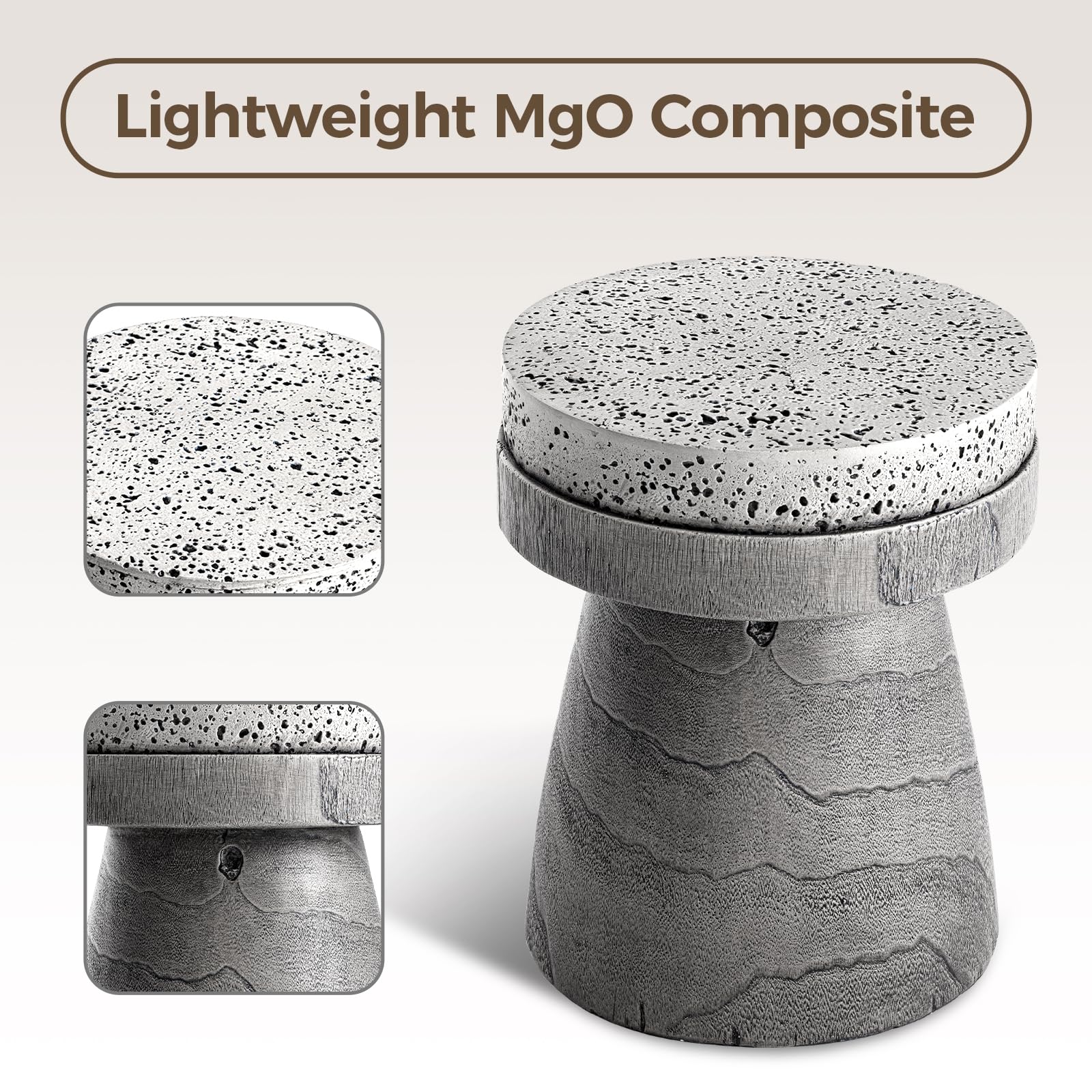 Stylish Grey Concrete Outdoor Side Table with Spotted Tabletop - Lightweight Round Patio Accent Table, Faux Wood Cylinder Stool - Perfect for Garden, Deck, and Poolside Decor