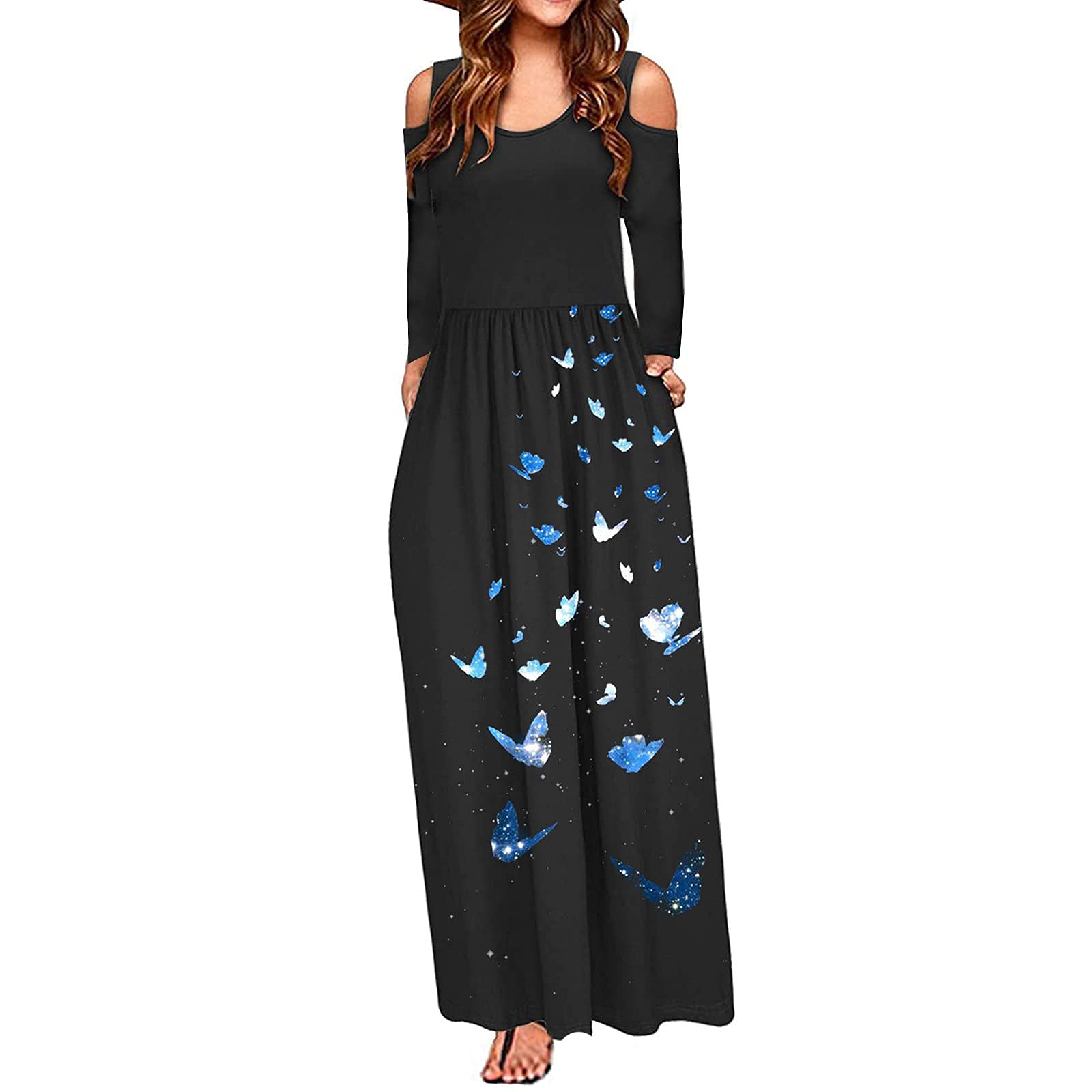 Elegant Floral Print Cold Shoulder Maxi Dress for Women - Long Sleeve Crewneck Summer & Fall Dressy Outfit | Perfect for Weddings, Parties & Date Nights