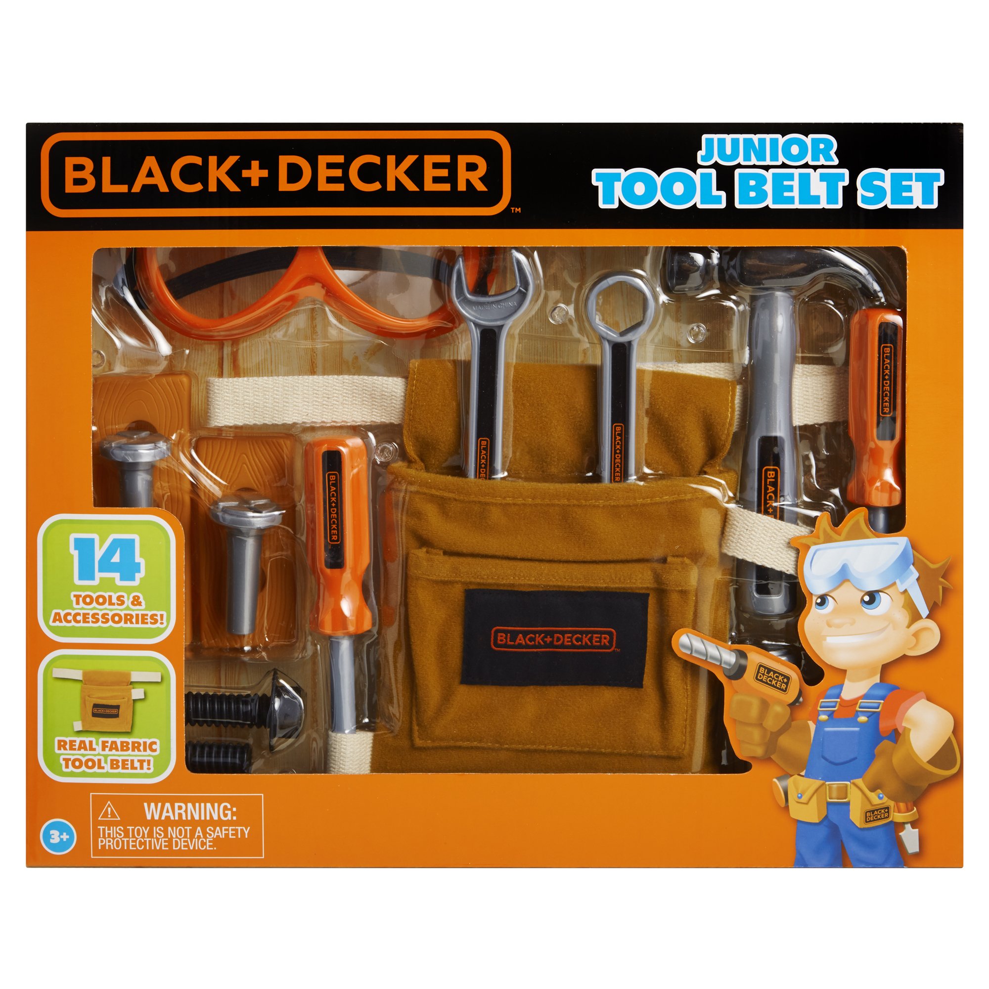 Black & Decker Junior 14-Piece Toy Tool Belt Set for Kids - Pretend Play Construction Tools with Storage Bag - Perfect for DIY Role Play, Birthday Gifts & Early Learning Development