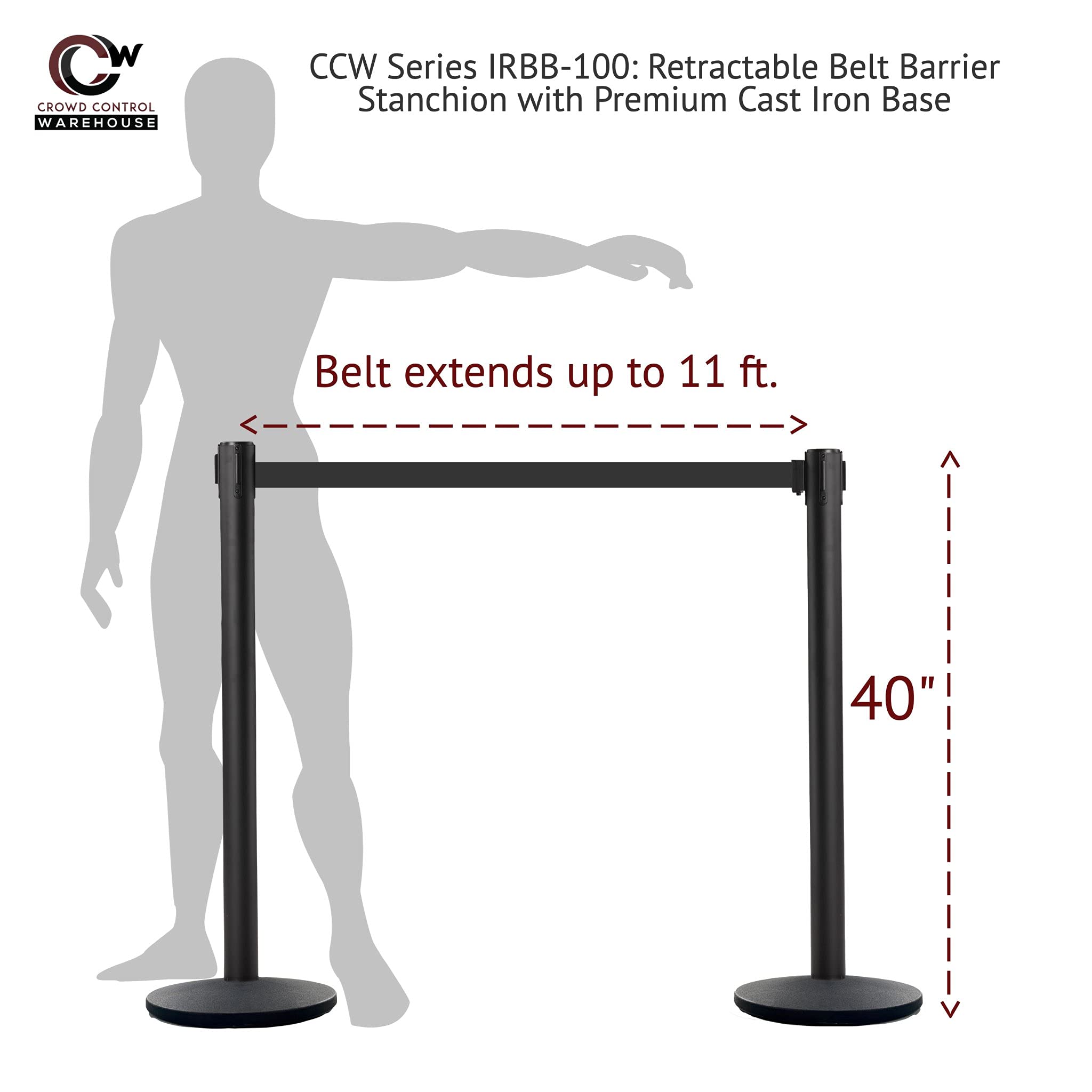 CCW Set of 2 Retractable Belt Barrier Stanchions with Cast Iron Base - Black Powder Coated Steel Posts (11ft Yellow Belt) - Perfect for Crowd Control at Events, Stores & Public Spaces
