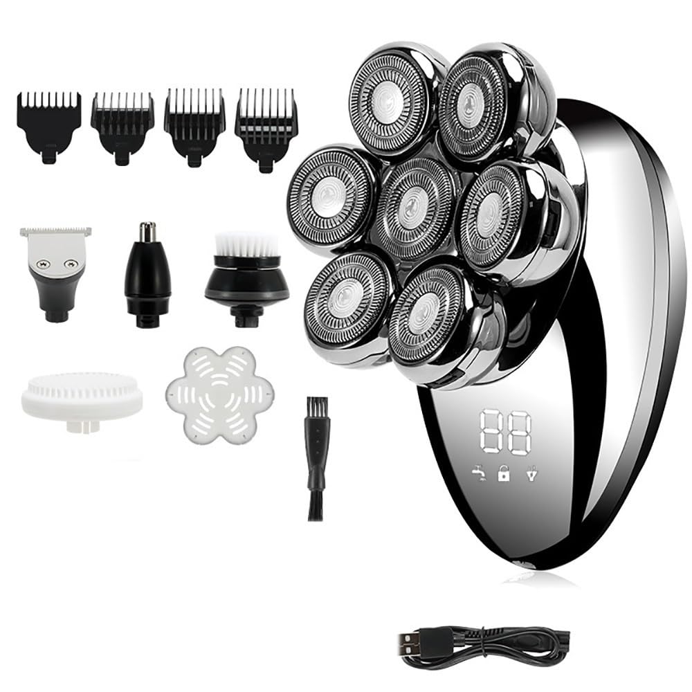 7D Floating Head Electric Razor for Men - 5-in-1 Rechargeable Waterproof Shaver with 7 Independent Cutters, Silver | Perfect for Travel, Gym & Daily Grooming