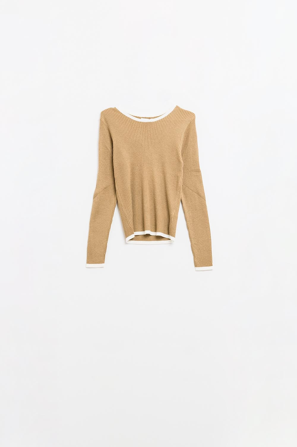 Casual Ribbed Camel Pullover with White Trim Details - Perfect for Fall Layering & Cozy Outfits