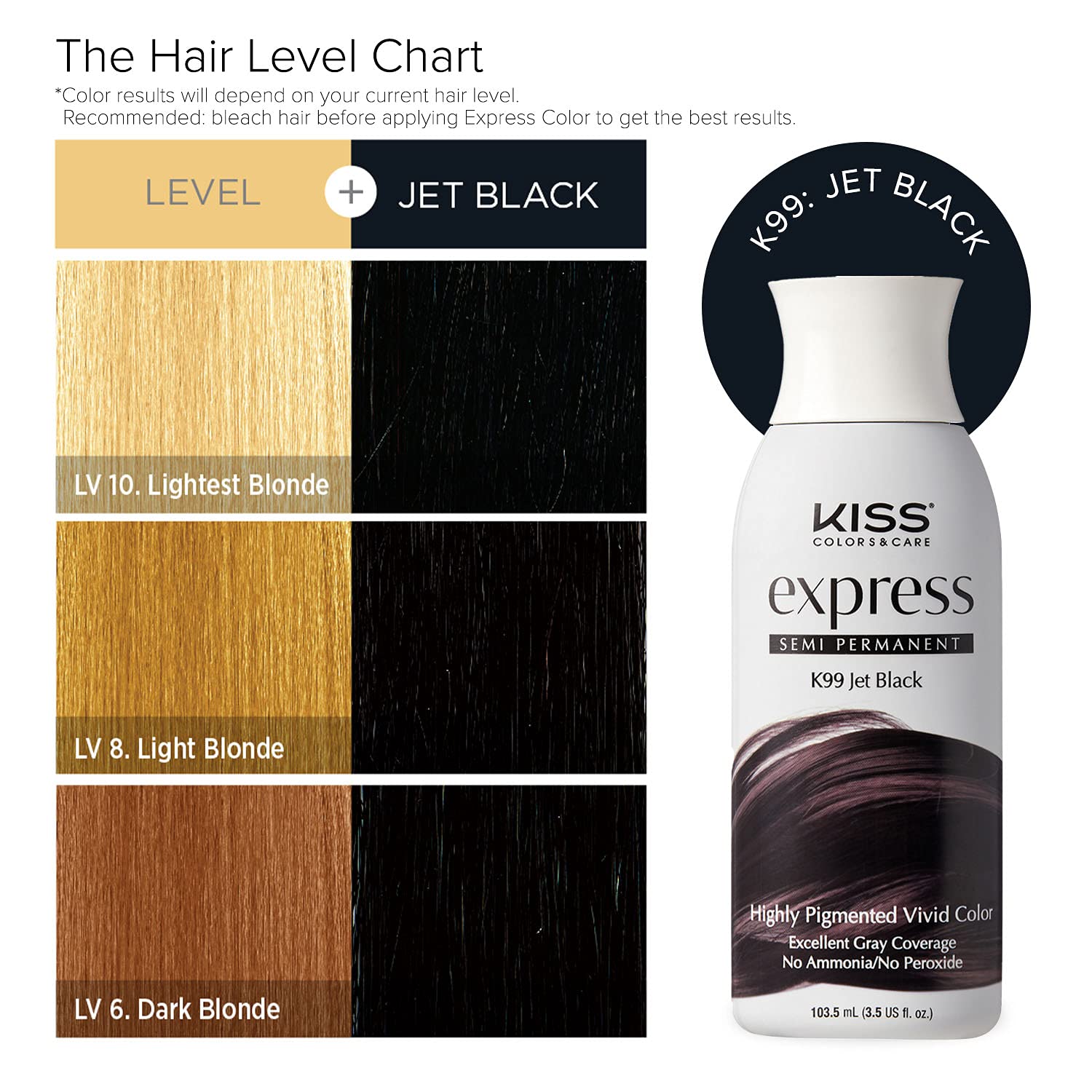 Kiss Express Color Semi-Permanent Jet Black Hair Dye 3.5oz (3 Pack) - Long-Lasting Vibrant Color for At-Home Hair Coloring & DIY Styling