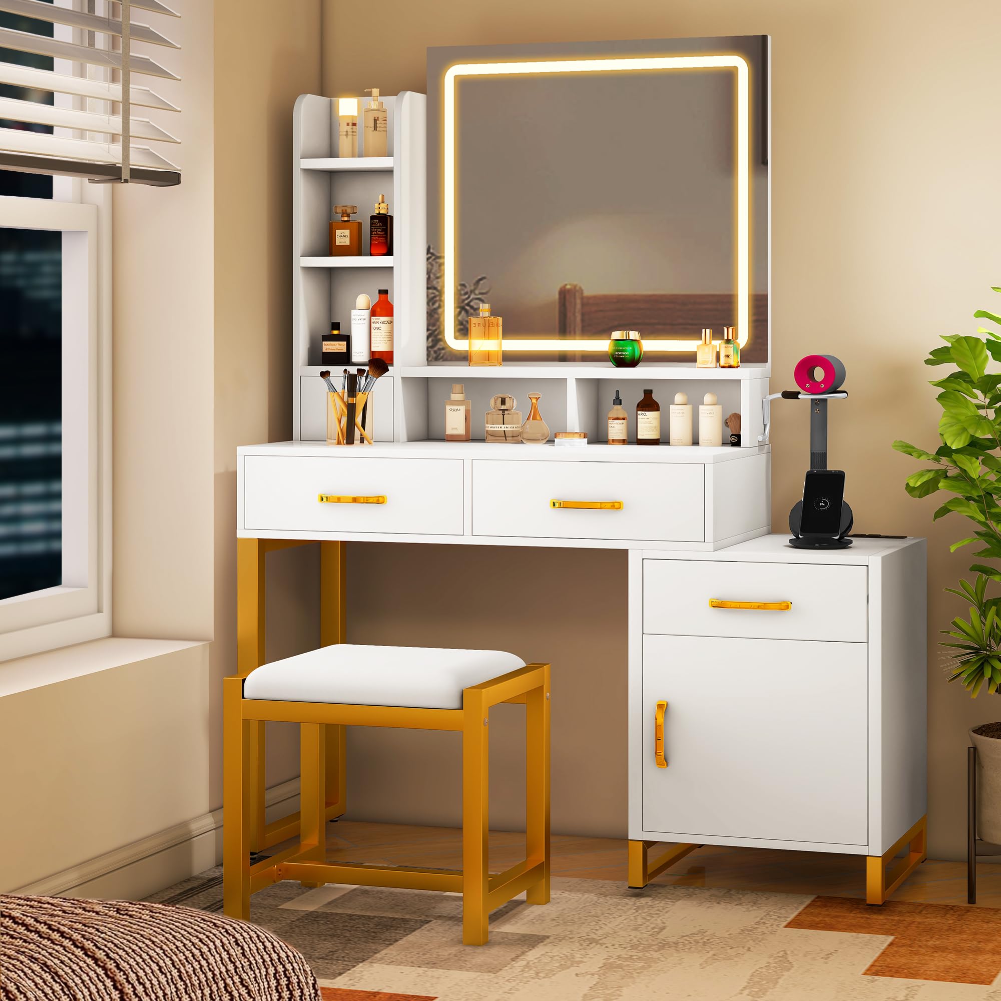 YITAHOME Vanity Desk with Mirror and LED Lights, Makeup Vanity Table with Power Outlet & 3 Drawers, Adjustable Brightness with 3 Lighting Modes, Modern Dressing Table Set for Bedroom, Perfect for Makeup, Skincare, and Hair Styling