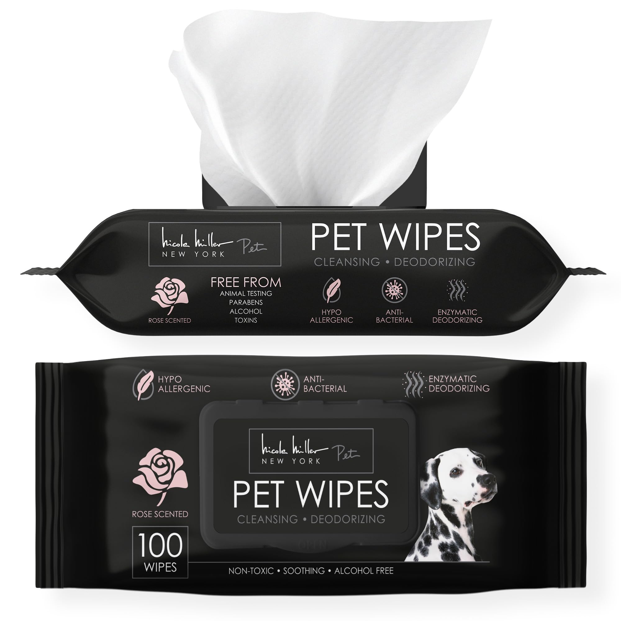 Nicole Miller Alcohol-Free Rose Scented Pet Wipes for Dogs & Cats - 100 Count, Gentle Cleaning for Ears, Paws, Body & Butt | Perfect for Grooming, Travel & Post-Walk Cleanup
