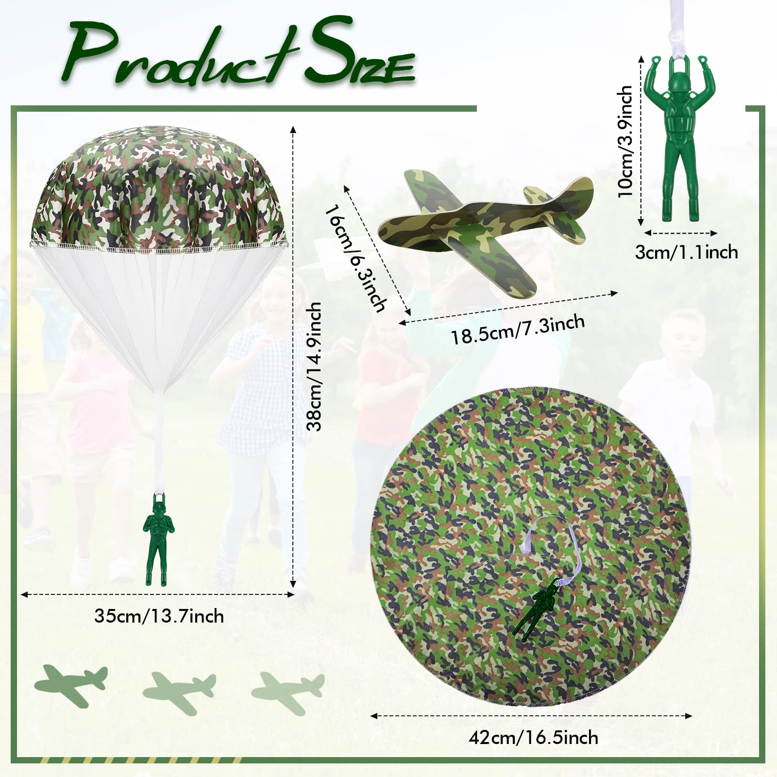 Jerify 10-Piece Parachute Army Men Toys & 10 Camouflage Foam Airplanes Set - Bulk Camo Glider Planes & Parachute Soldiers for Outdoor Play, Birthday Gifts, Kids Party Favors, and Backyard Fun Activities