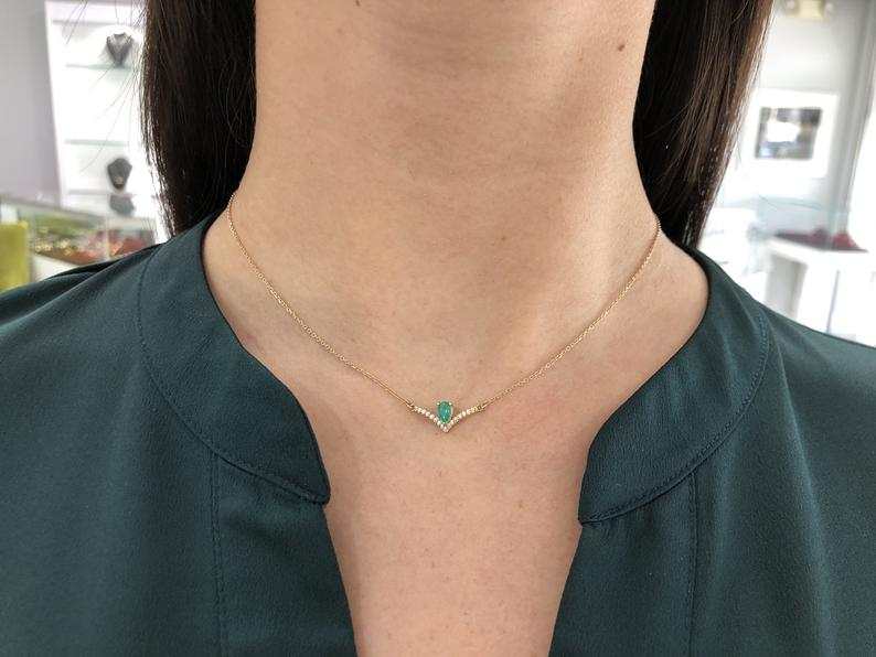 0.45tcw Natural Emerald Pear & Diamond Accent 14K Gold V-Neck Pendant Necklace - Perfect for Weddings, Anniversaries & Special Occasions