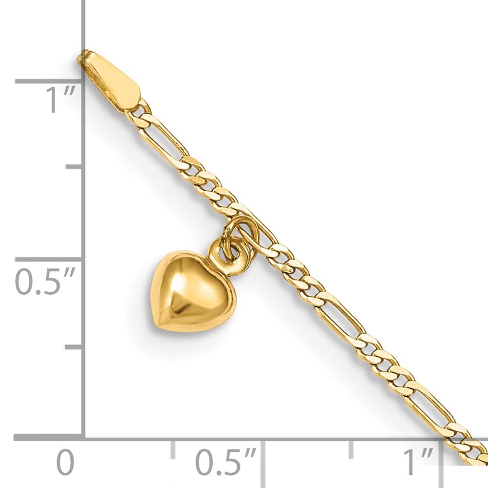 14K Yellow Gold Figaro Link Anklet with Dangling Heart Charm - 9 Inch Adjustable Ankle Bracelet for Women, Perfect for Beach, Date Night & Special Occasions