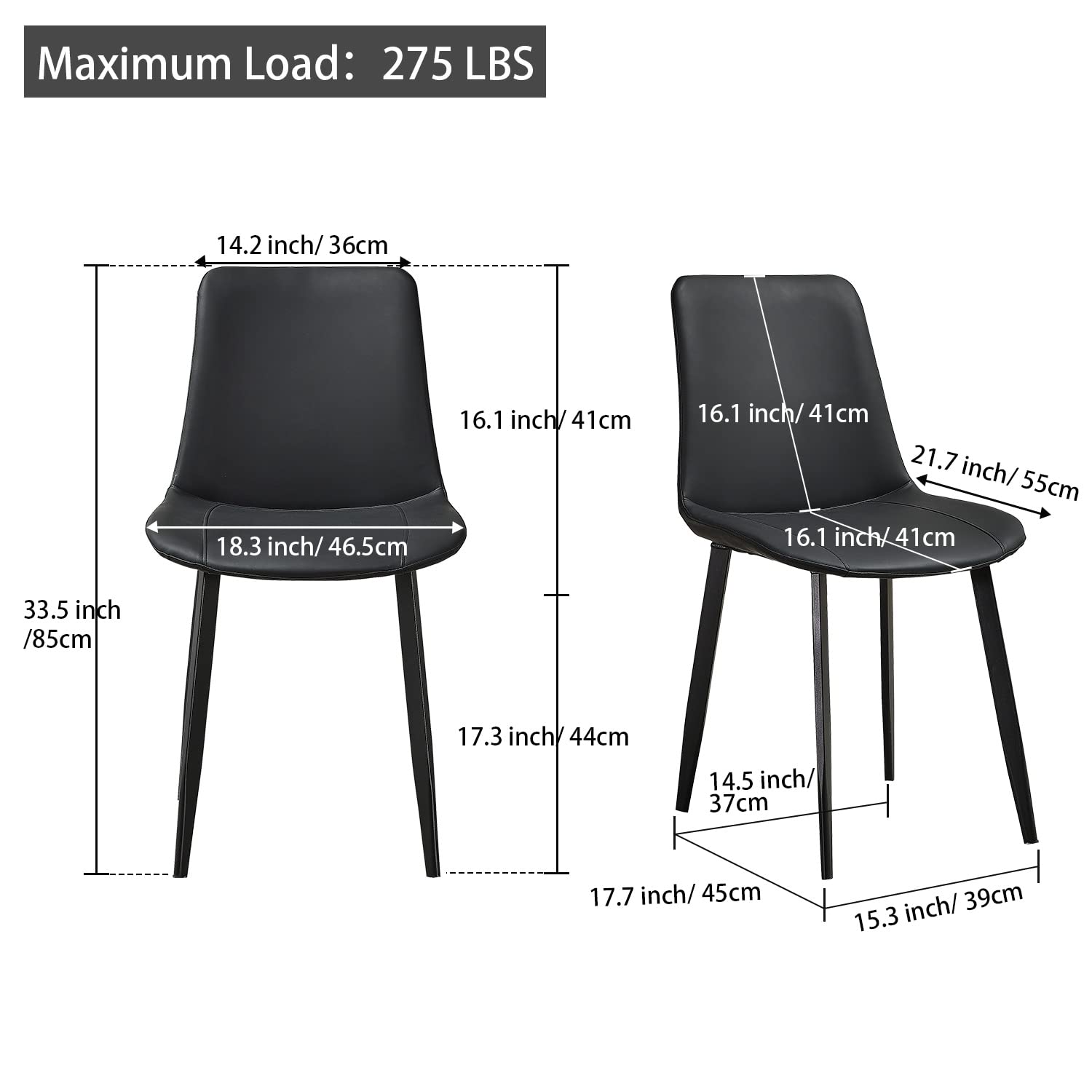 Set of 4 Black Faux Leather Dining Chairs - Mid Century Modern Kitchen Chairs with Sturdy Metal Legs for Dining Room, Restaurant & Living Room - Perfect for Home Decor, Office Meetings and Family Gatherings