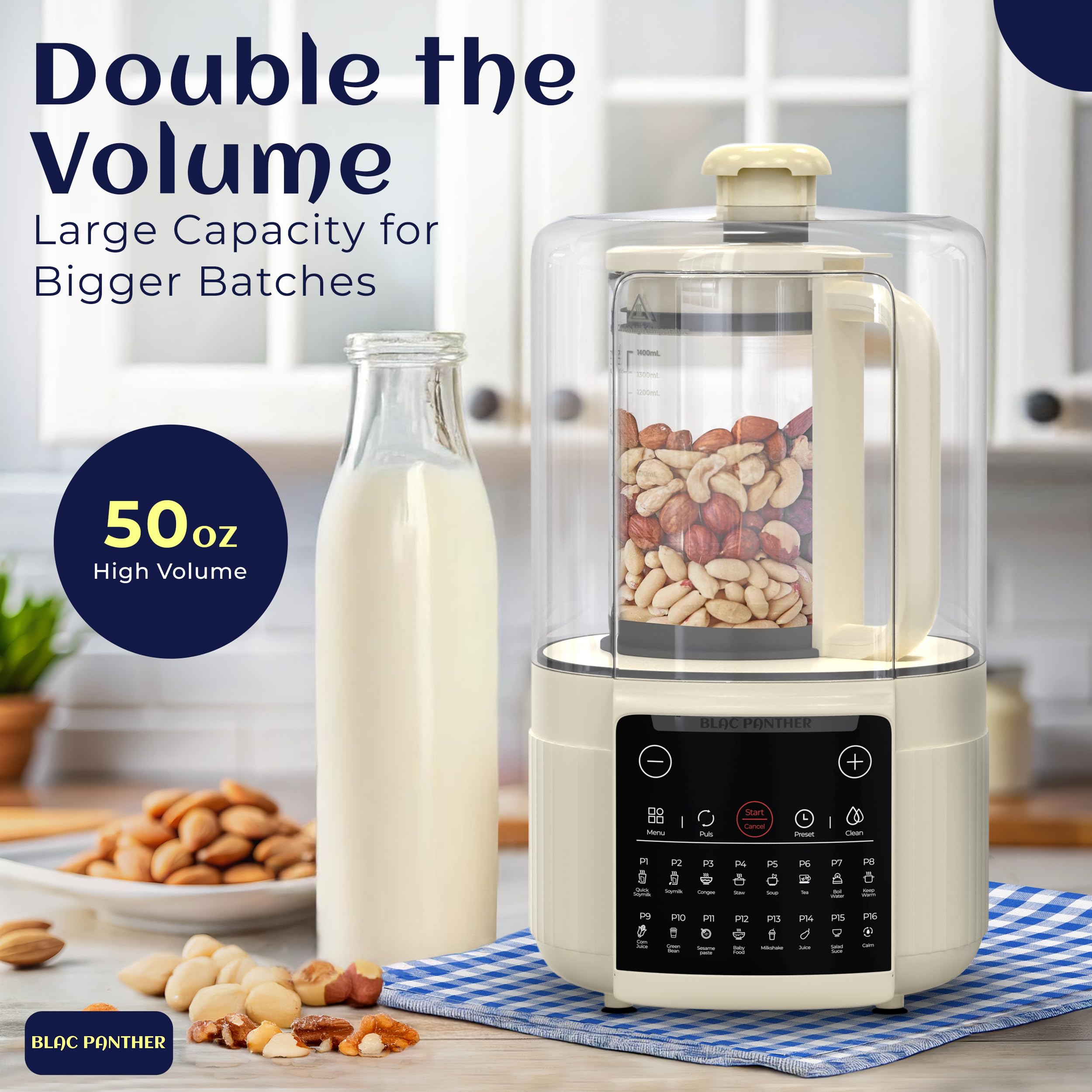 16-in-1 Blender & Nut Milk Maker 50oz - High Speed Soy/Oat Milk Maker, Plant-Based Milk Machine, Milkshake & Soup Blender with 8 Blades | Ultra-Quiet Noise Canceling, Auto Timer & Heat Insulation | Perfect for Vegan Milk, Smoothies, Baby Food & Hot Soups