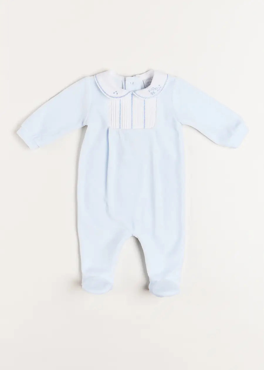 Velour Peter Pan Collar Baby Romper in Blue - Soft & Comfortable One-Piece Outfit for Newborn to 12 Months (1mth-12mths) | Perfect for Family Photos, Playdates & Special Occasions