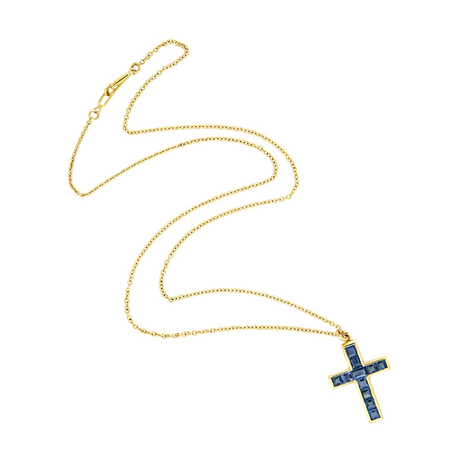 Antique Late Victorian 18K Gold Sapphire Cross Pendant Necklace - Elegant Religious Jewelry for Women, Perfect for Weddings, Church & Special Occasions