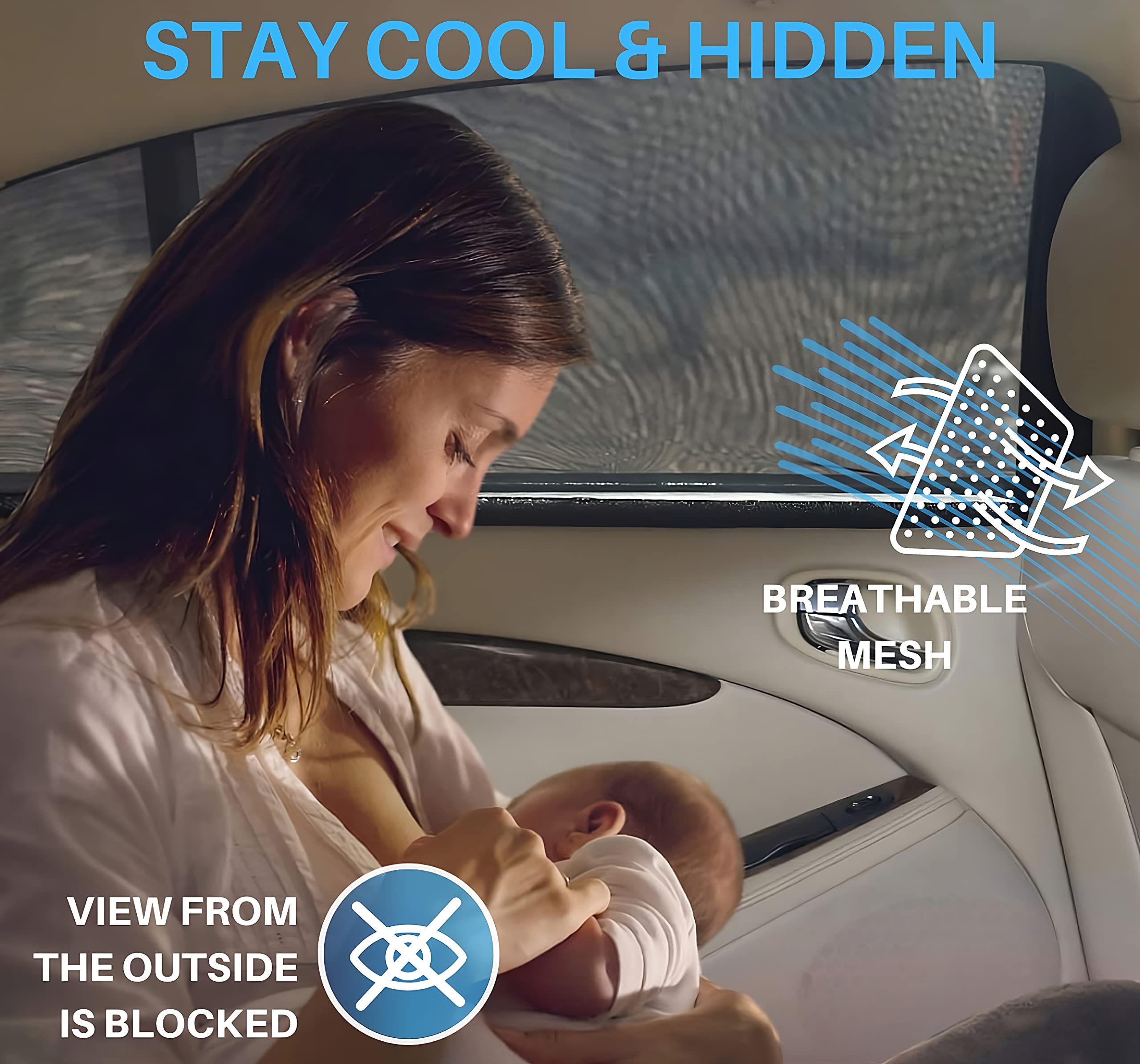 Qualizzi XXL Car Side Window Shades for SUVs (12 Sizes) - UV Protection, Heat & Bug Blocking Mesh Screens for Baby Safety & Privacy, 2-Pack Stretchable Sun Shades - Perfect for Road Trips & Summer Driving