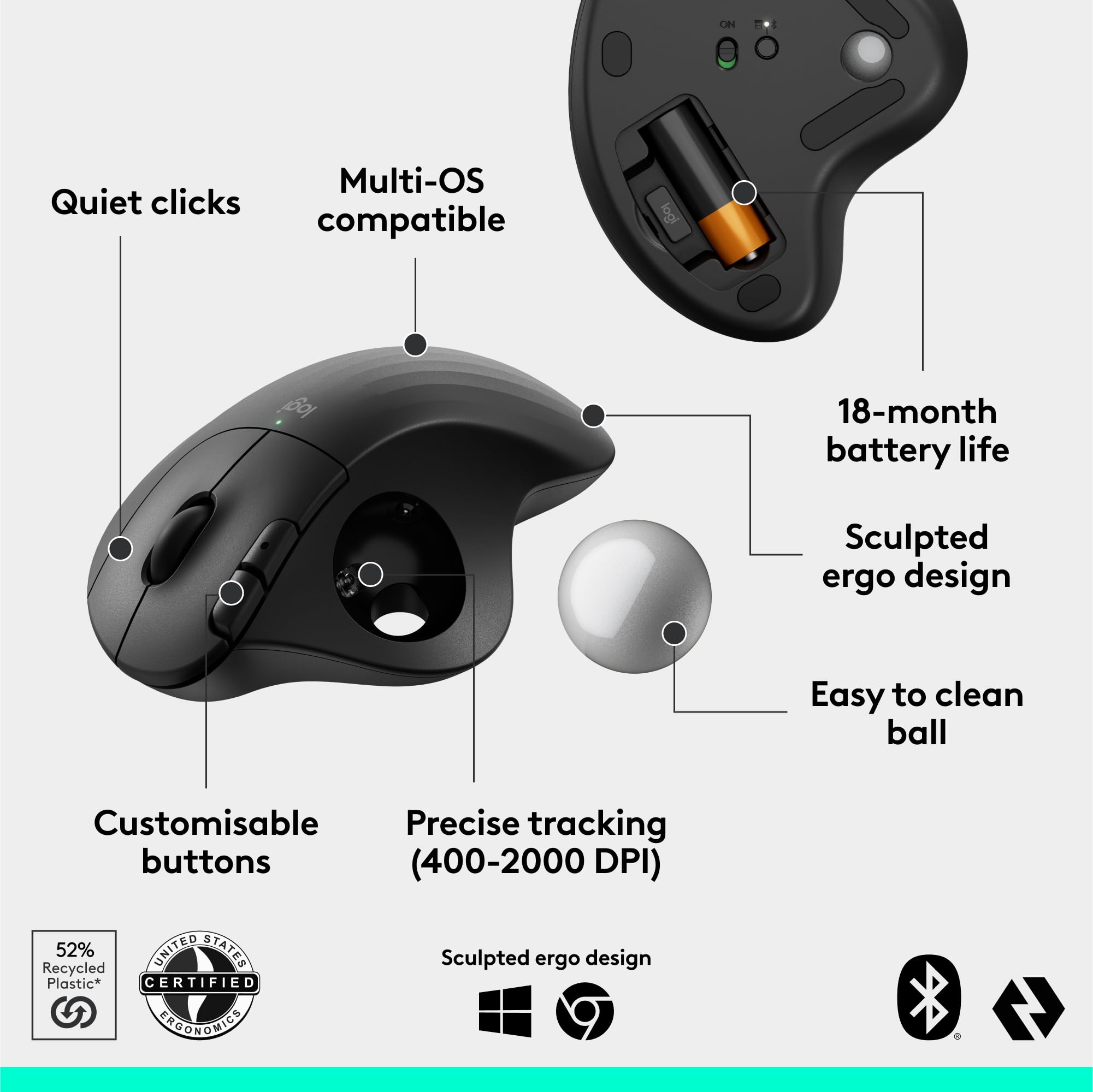 Logitech Ergo M575S Wireless Trackball Mouse - Bluetooth & USB Dongle Ergonomic Computer Mouse with Thumb Control, Precise Tracking for PC Mac (Black Silver) | Comfortable for Office Work & Graphic Design