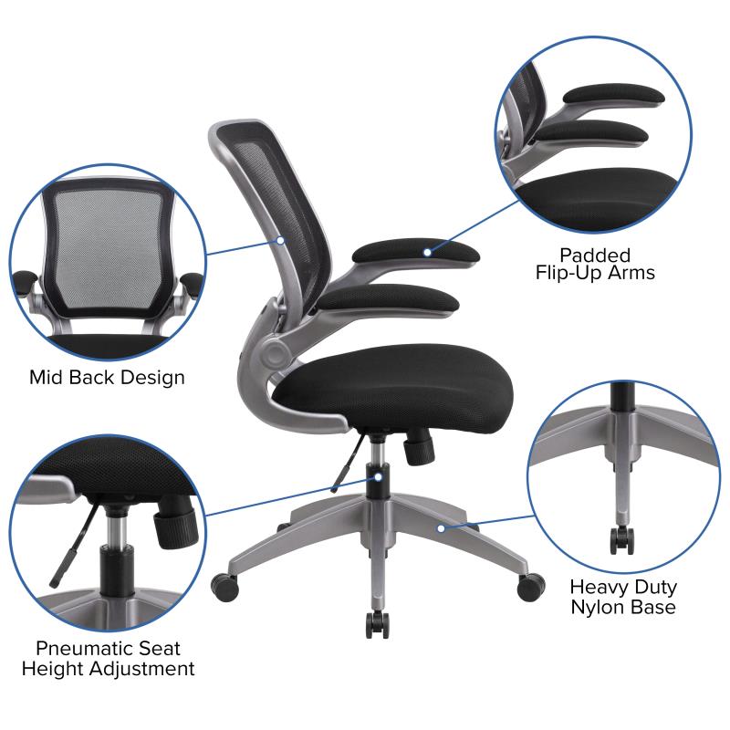 Ergonomic Mesh Office Chair with Flip-Up Arms - Mid Back Swivel Task Chair with Gray Frame for Home & Office Workspace Comfort