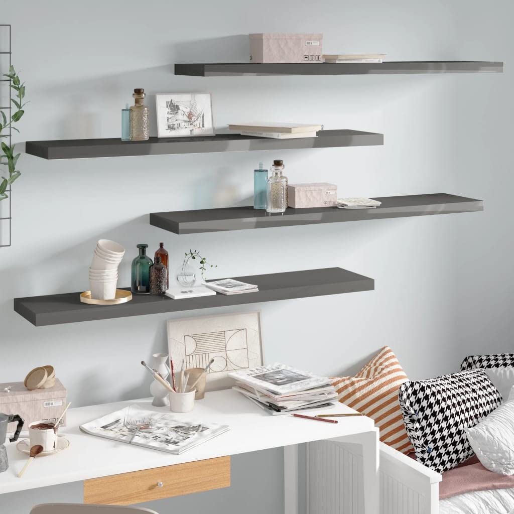 Floating Shelves Set of 4 - Modern Wall Mounted Shelves with Invisible Brackets for Bedroom, Bathroom, Living Room, Hallway - Perfect for Books, Plants & Home Decor (Grey High Gloss, 47.2 x 9.3 Inches) - Ideal for Small Space Organization & Stylish Display