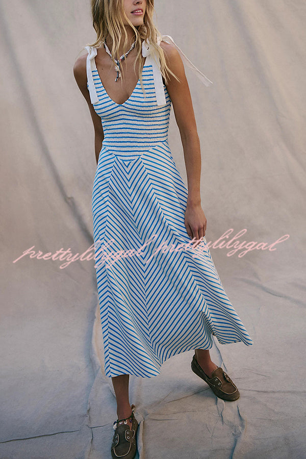 Elegant Striped Print V-Neck Lace-Up Backless Midi Dress for Women | Summer Beach Holiday Party & Date Night Outfit