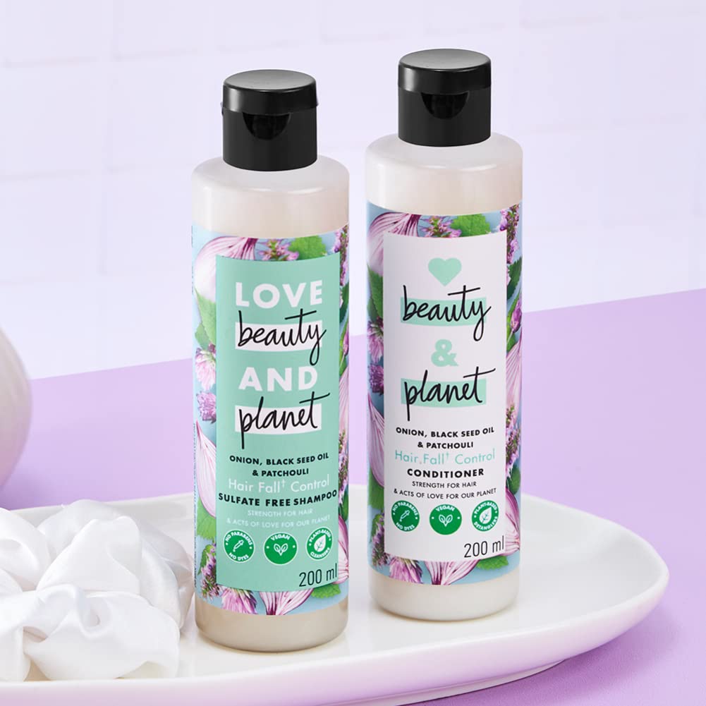 Love Beauty & Planet Onion Oil, Black Seed Oil & Patchouli Hair Fall Control Shampoo & Conditioner Set (200ml) - Paraben & Dye Free with Essential Oils for Thicker, Stronger Hair - Perfect for Daily Hair Care & Scalp Nourishment