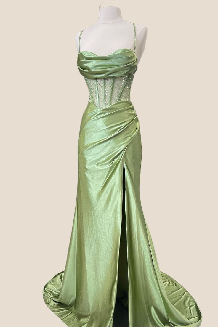 Elegant Green Satin Prom Dress with High Slit - Formal Evening Gown for Homecoming, Wedding & Special Occasions - Style J5768