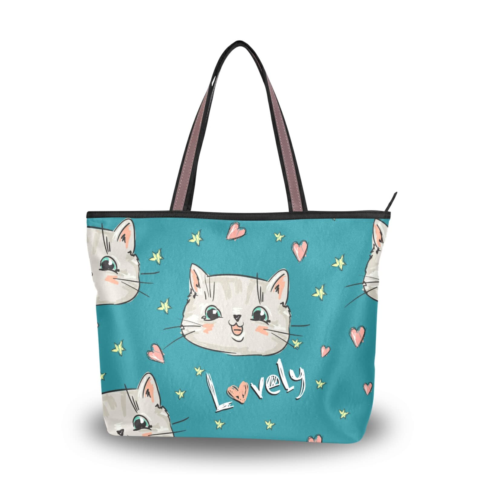 Cartoon Cat Tote Bag with Zipper - Large Capacity Women's Grocery Purse for Shopping & Daily Use