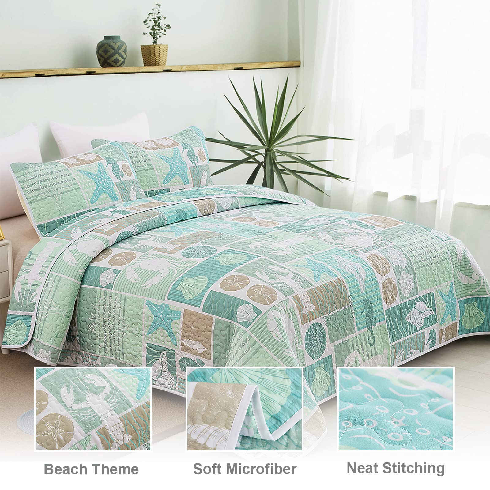 DJY Green Quilt Set Queen Size - Soft Reversible Microfiber Coastal Beach Theme Bedspread with 2 Pillow Shams (3-Piece All Season Bedding, 90x96 Inches) - Perfect for Beach House, Guest Room & Coastal Decor