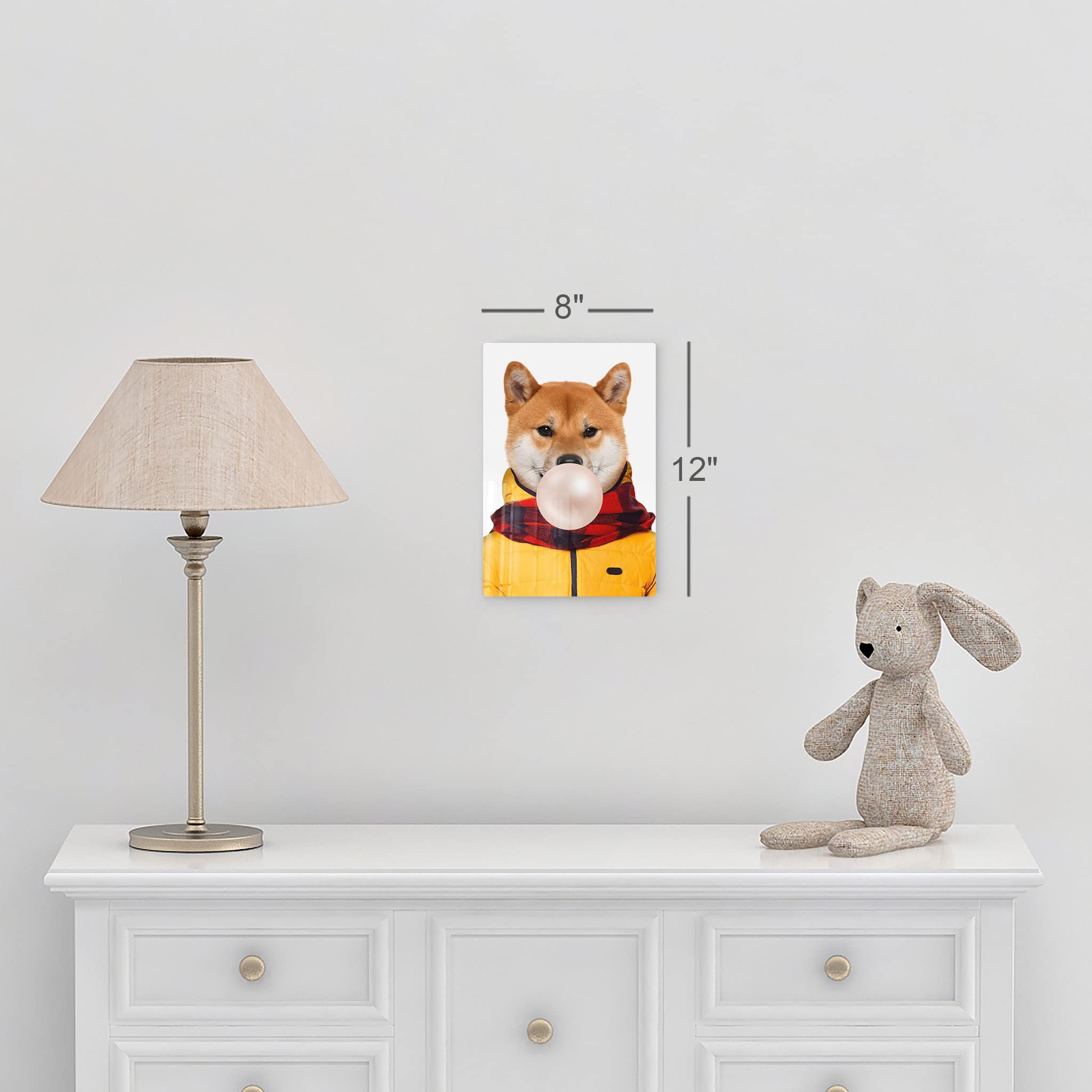 Shiba Inu Dog Portrait Wall Art - Pop Art Metal Print of Cute Dog Wearing Coat & Chewing Bubble Gum - Unique Pet Lover Gift for Office, Living Room, Bedroom, Nursery Decor (40x30 Inches) - Perfect for Animal-Themed Spaces & Dog Enthusiast Home Décor