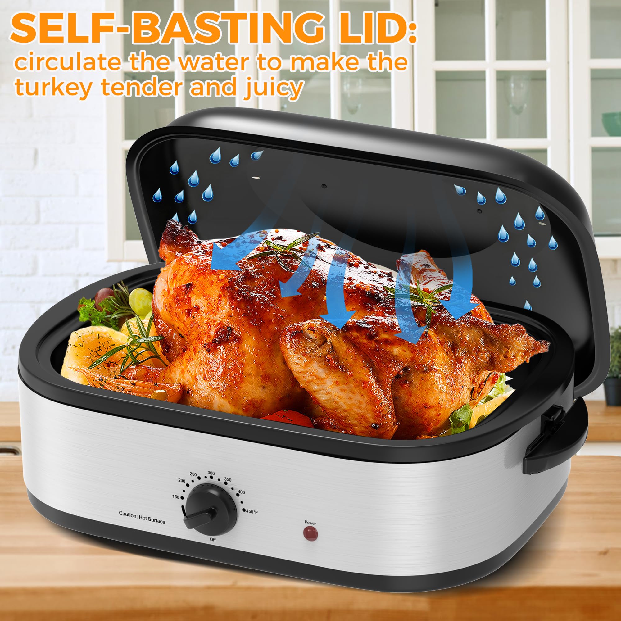 14 Quart Stainless Steel Roaster Oven with Self-Basting Lid, Turkey Defrost & Warm Function, Removable Roasting Rack, Adjustable Temperature for Slow Cooking, Perfect for Holiday Meals, Family Gatherings, and Large Batch Cooking